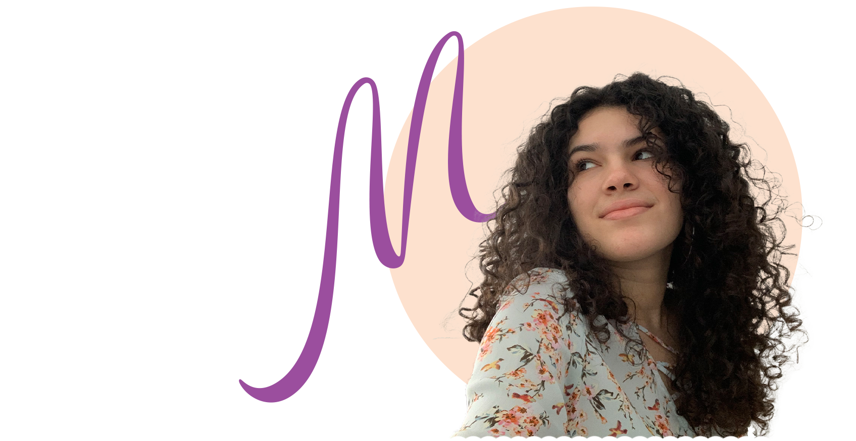 Image of Designer with a pastel peach circle behind her and a cursive me