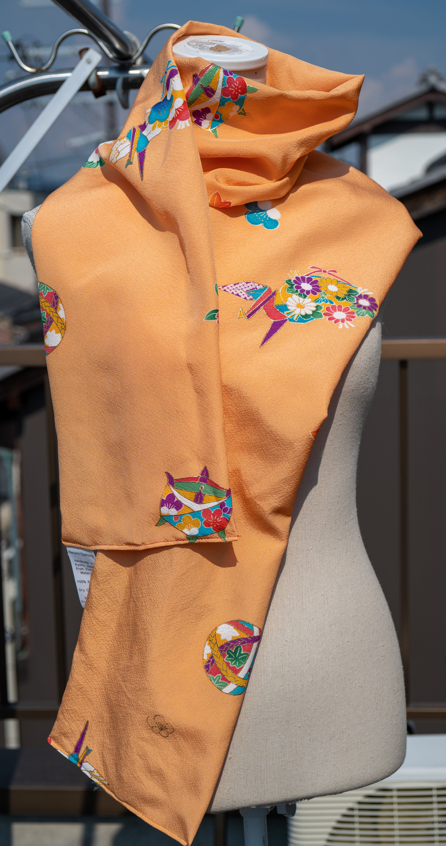 Silk Kimono Fabric Scarf - Yellow with Origami Cranes and Japanese Toys