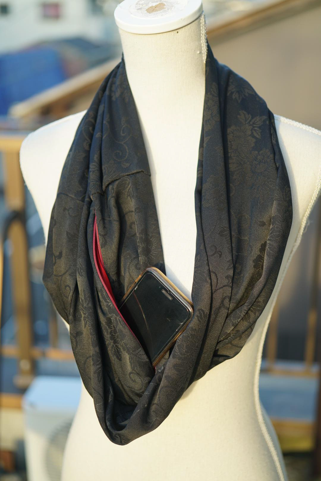Black Leaves and Abstract Design Infinity Scarf with Pocket - From Upcycled Kimono