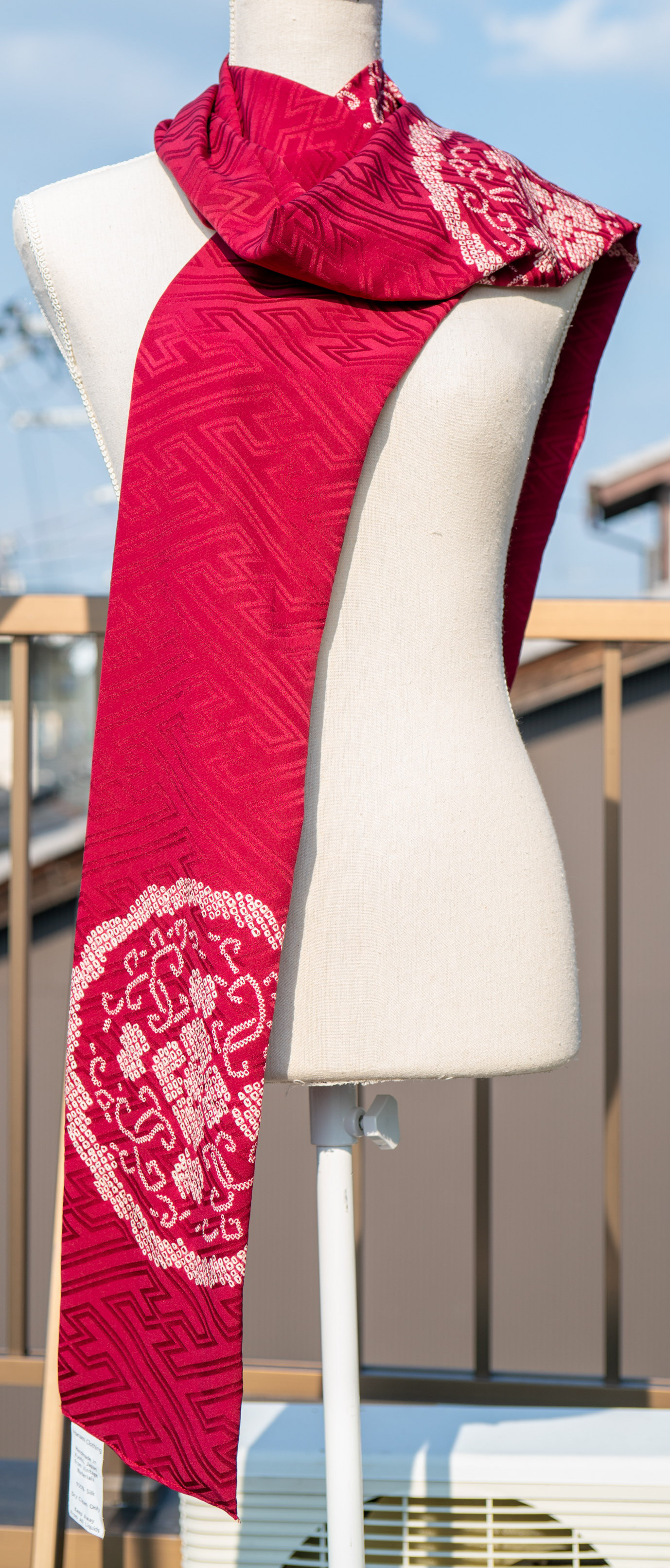 Silk Upcycled Kimono Scarf - Red with Flowers and Buddhist Design - Large