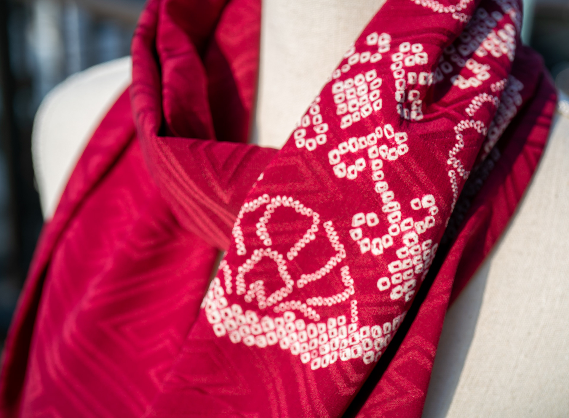 Silk Upcycled Kimono Scarf - Red with Flowers and Buddhist Design