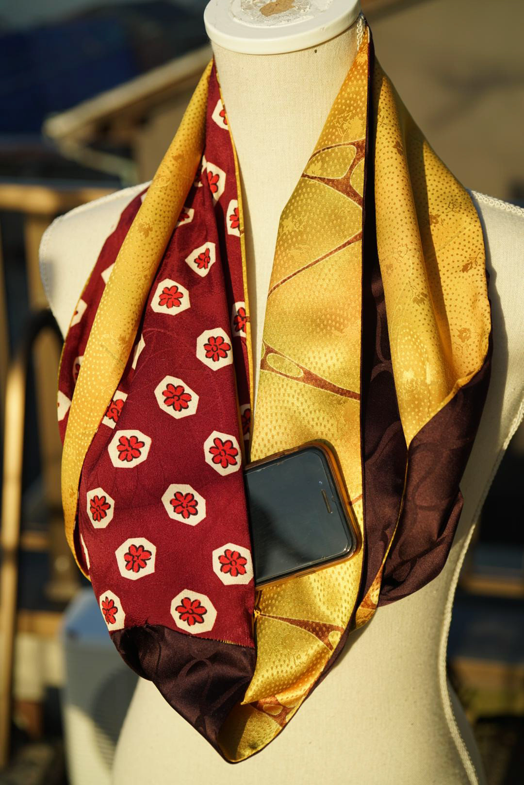 Flowers, Abstrack Design, and Leaves - Infinity Scarf with Hidden Pocket Made from Silk Upcycled Kimono, Silk Kimono Bolt, and Silk Haori Bolt