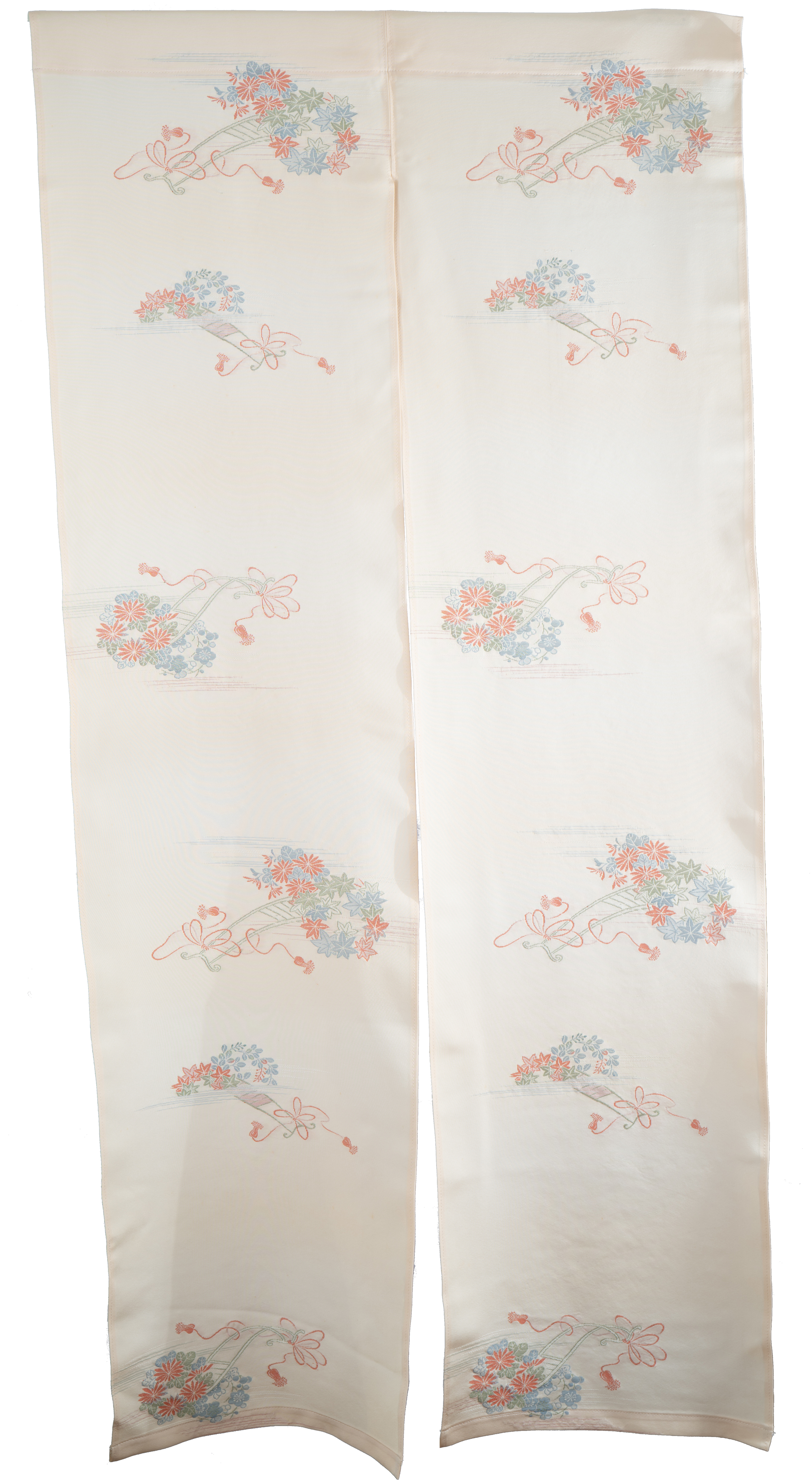Embroidered Silk Noren - Kimono Silk, Flowers, Cart, Blue/Green/Beige