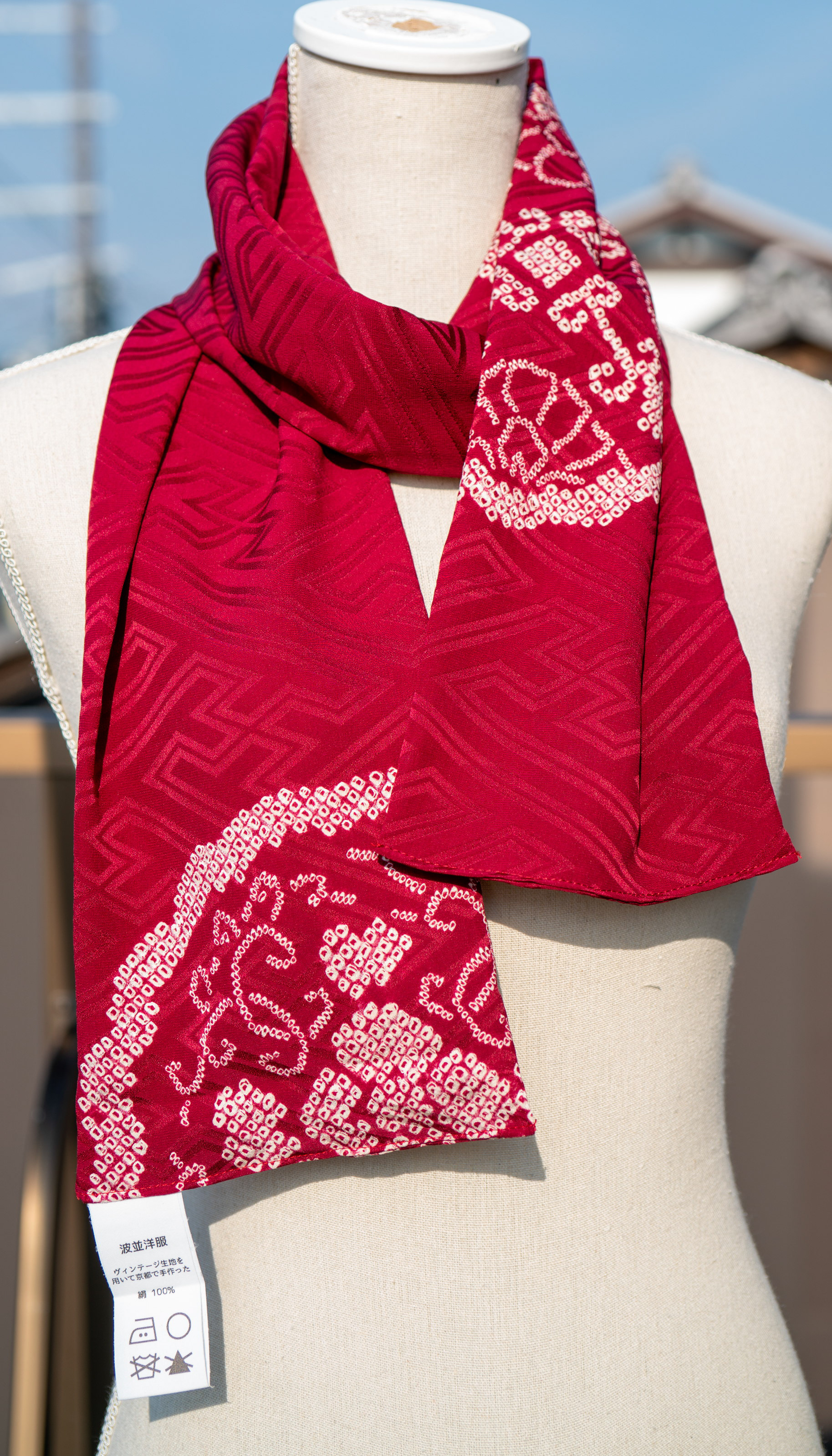 Silk Upcycled Kimono Scarf - Red with Flowers and Buddhist Design