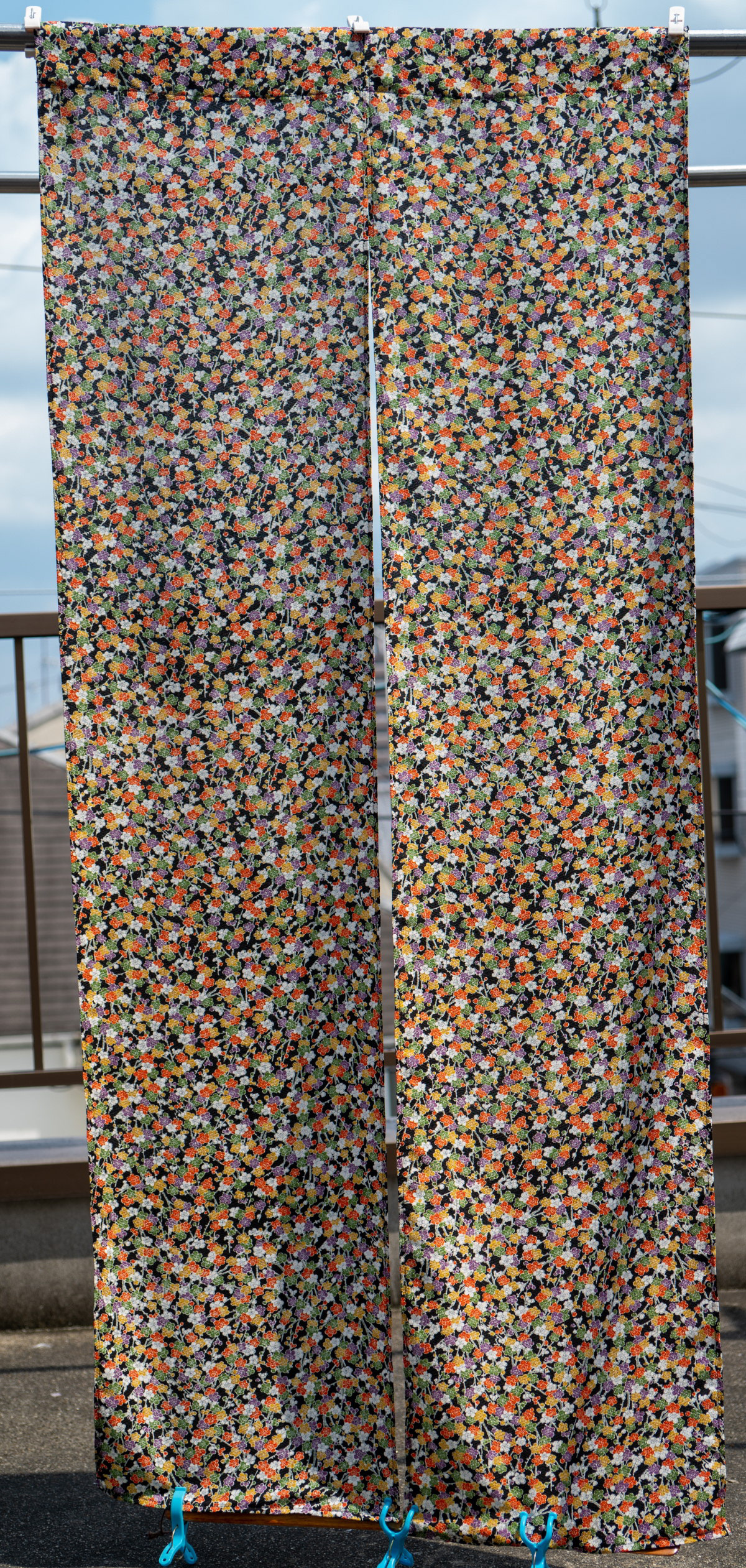 Silk Noren - Tiny White, Yellow, Orange, Green and Purple Flowers on Black Pattern - Japanese Curtains Made from Silk Kimono Bolt