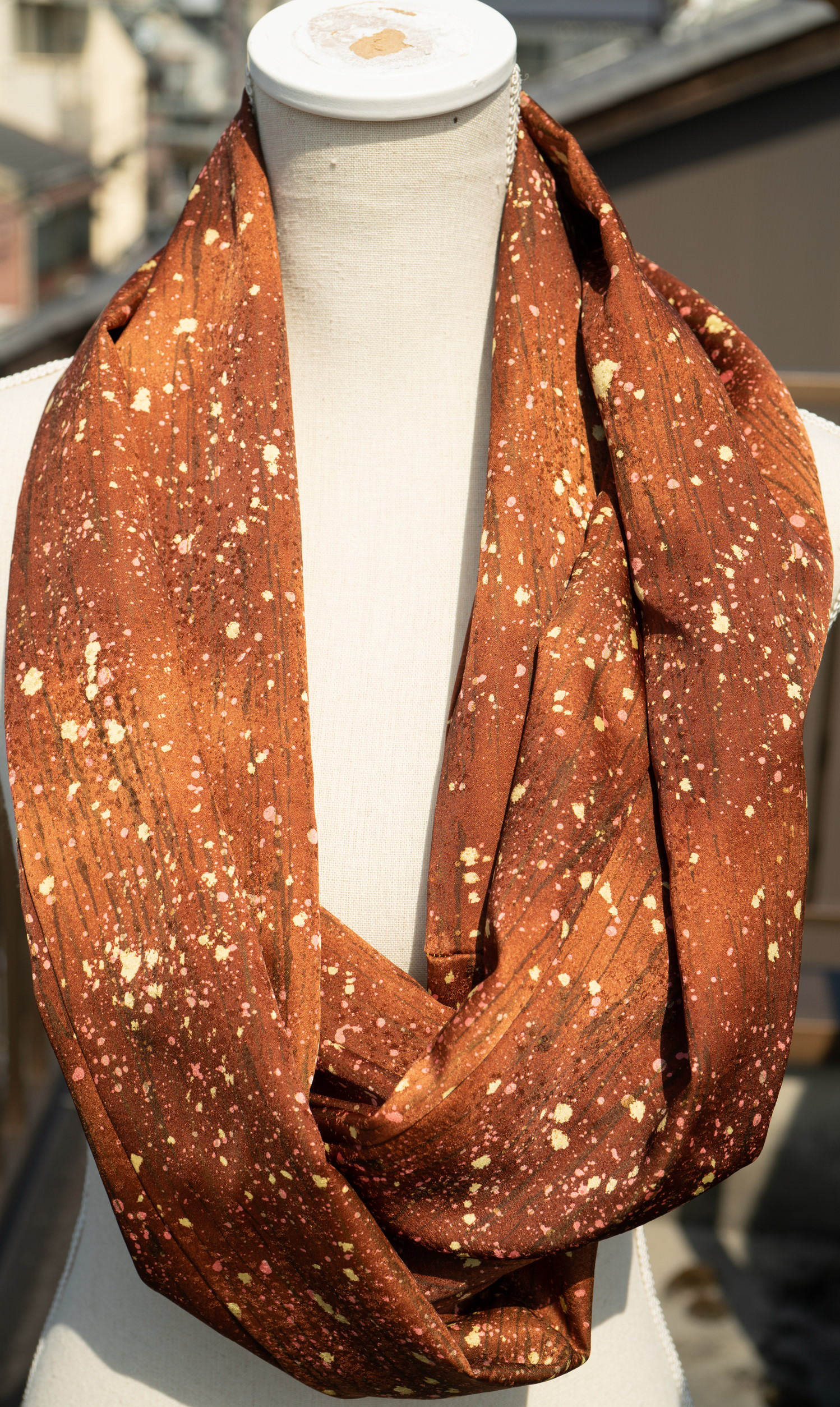 Polyester Paint Splatter - Gold and Pink on Brown - From Kimono