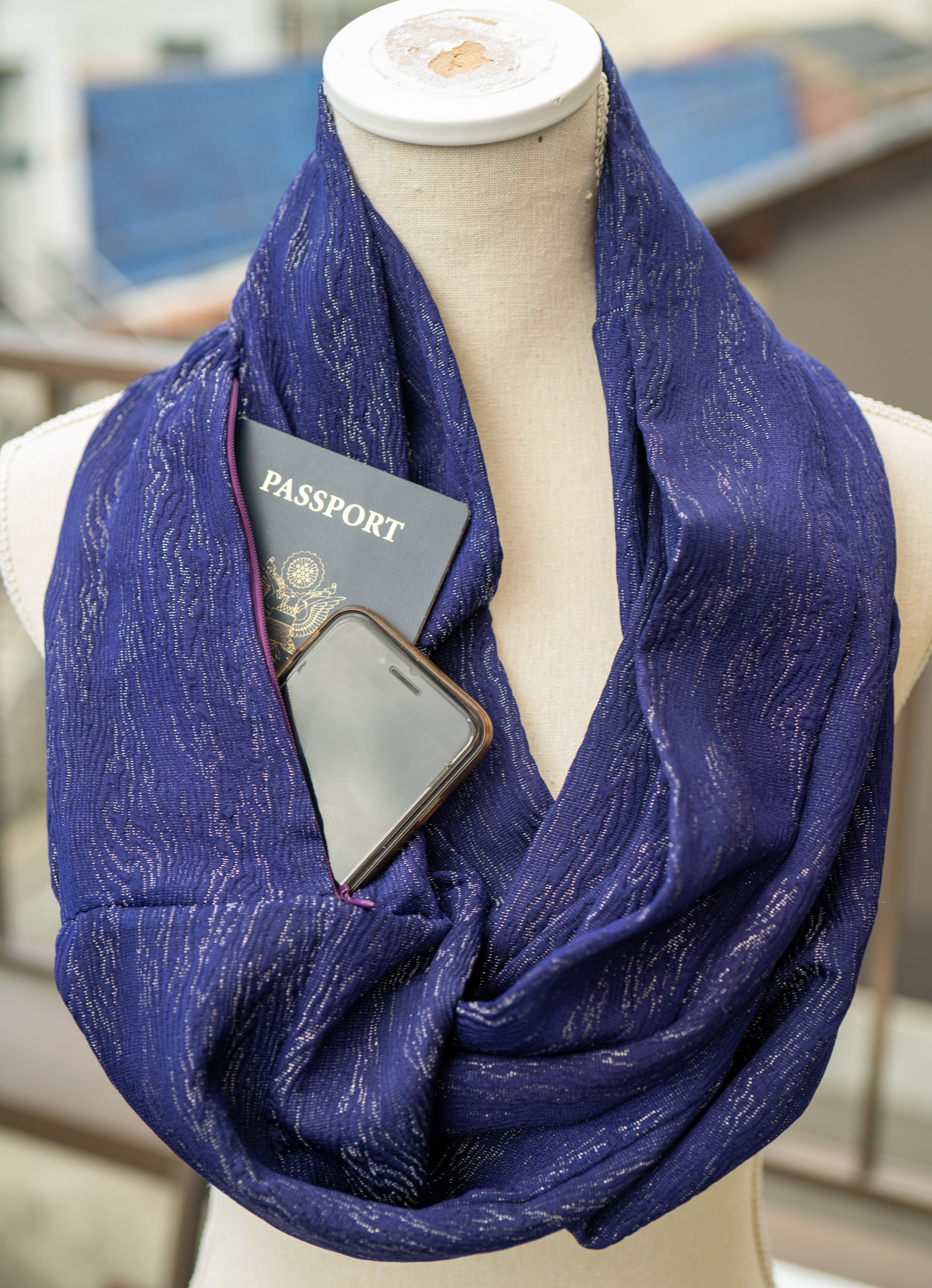 Purple and Silver Silk Infinity Scarf with Pocket - From Upcycled Kimono
