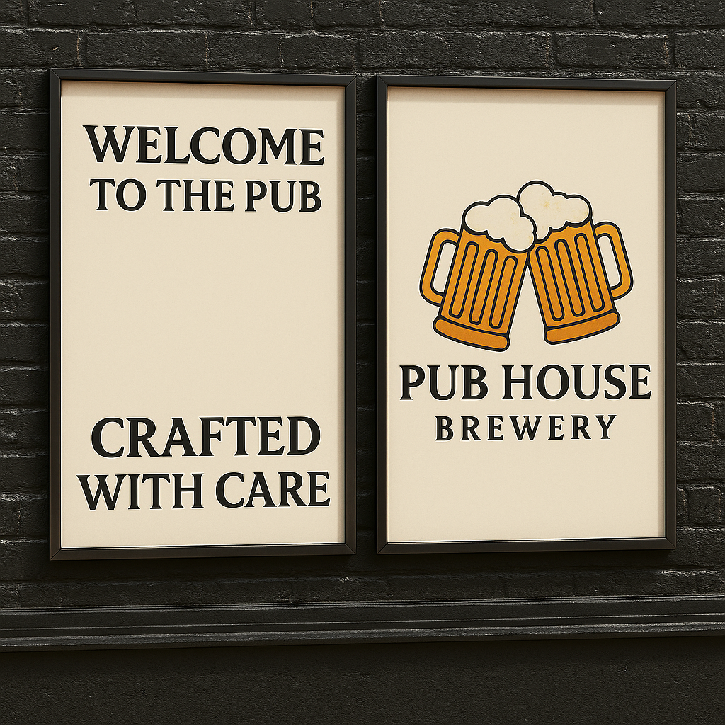 Pub House Brewery – Rustic Michigan-based brewery branding including labels, signage, and merchandise.