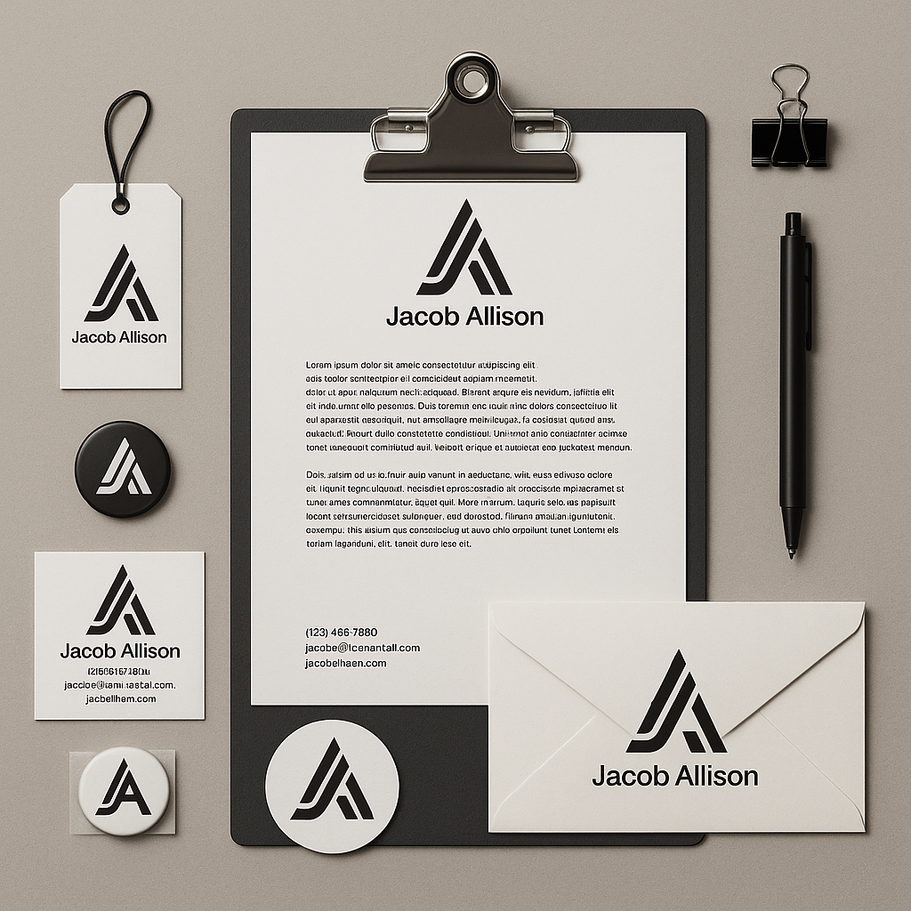 Personal branding system including logo, business cards, and marketing templates.
