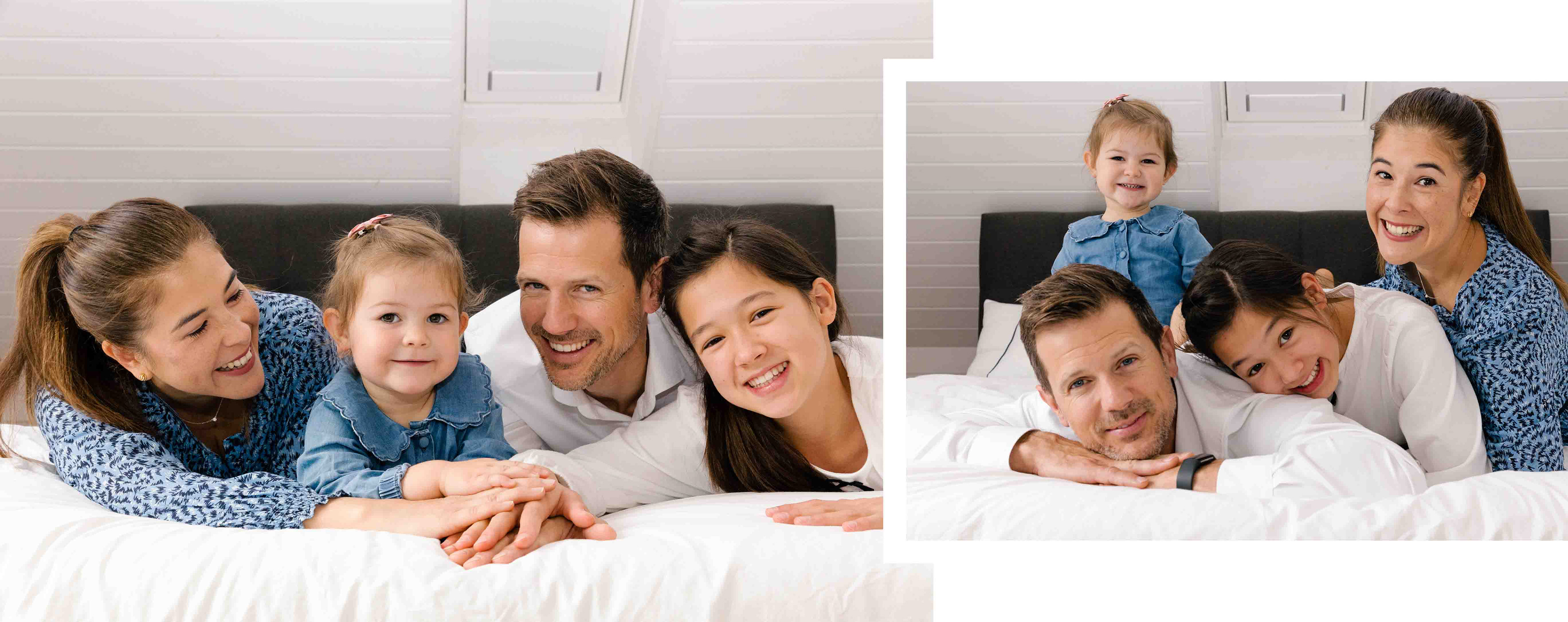 Authentisches Familienposing: 4-köpfige Familie auf dem Bett