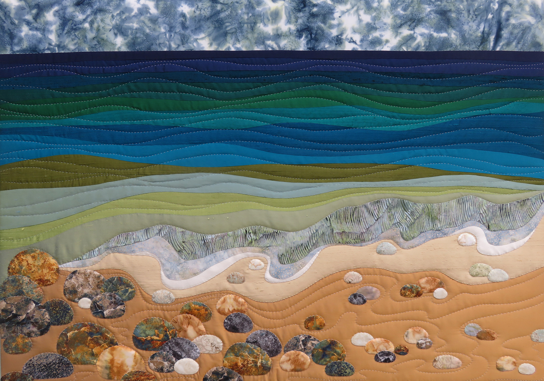 Rolling Waves, 2023, 47"x 33", handworked silks and batiks