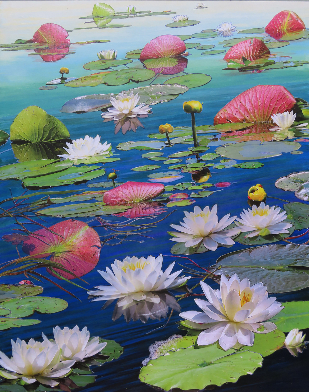 Pads Up My Lily Friends, 2026,  24"  X 34", SOLD,  cut paper photographs, my own, and acrylic painting