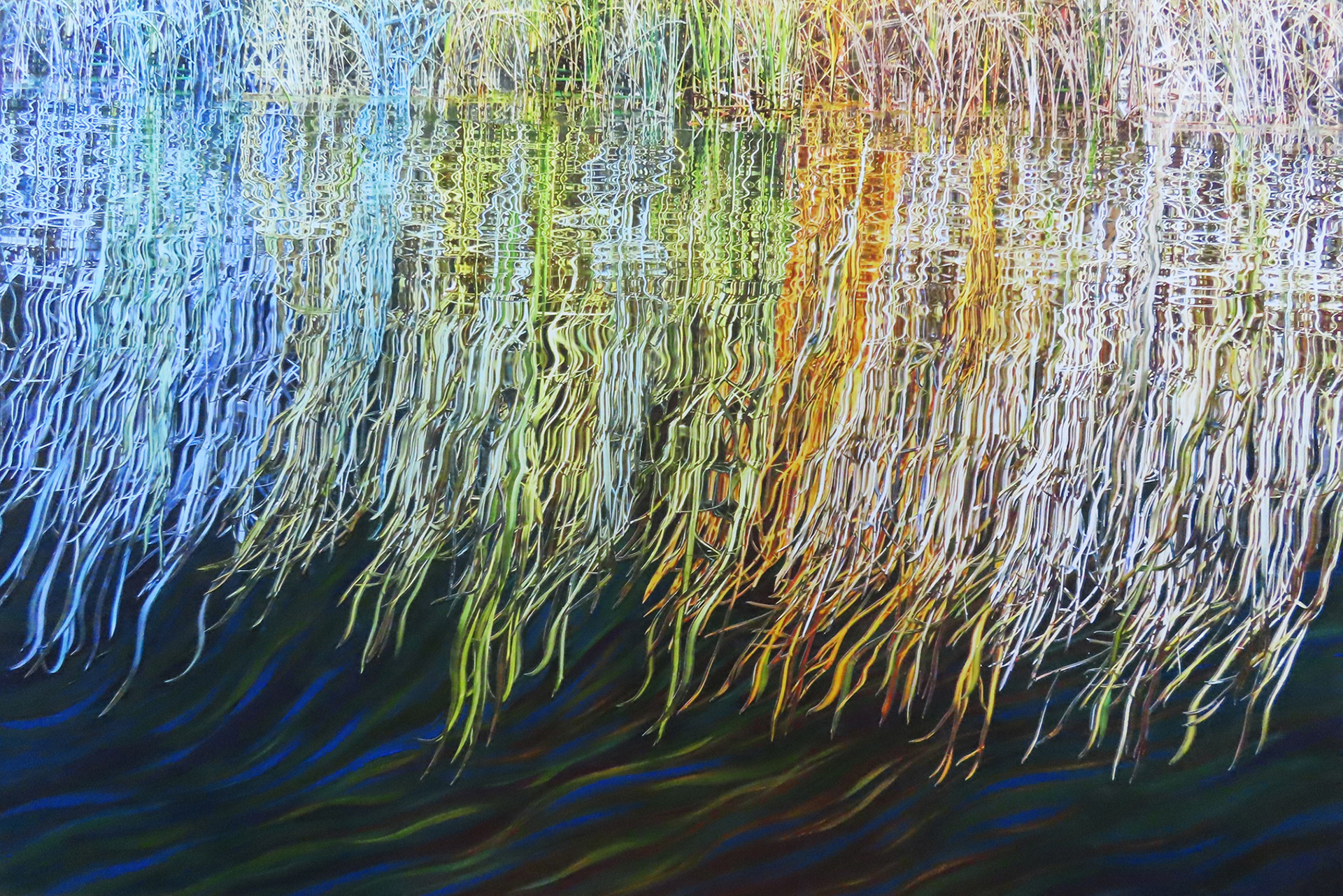 Marsh Seasonal Reflections, 2024,   24”  x 36”,   hand cut paper photos and acrylic paint