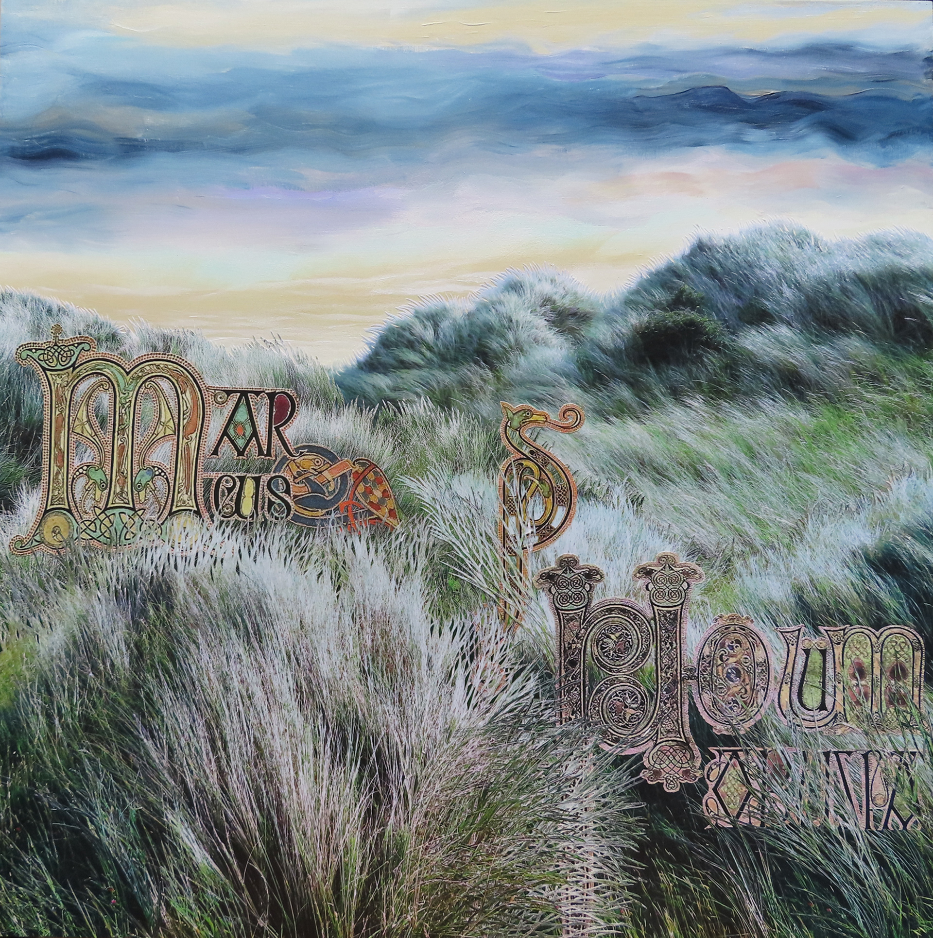 The Dunes of Lindisfarne (Holy Island UK, birthplace of the Illuminated Lindisfarne Gospels),  2025,  24"x24", hand cut paper photos and acrylic paint 