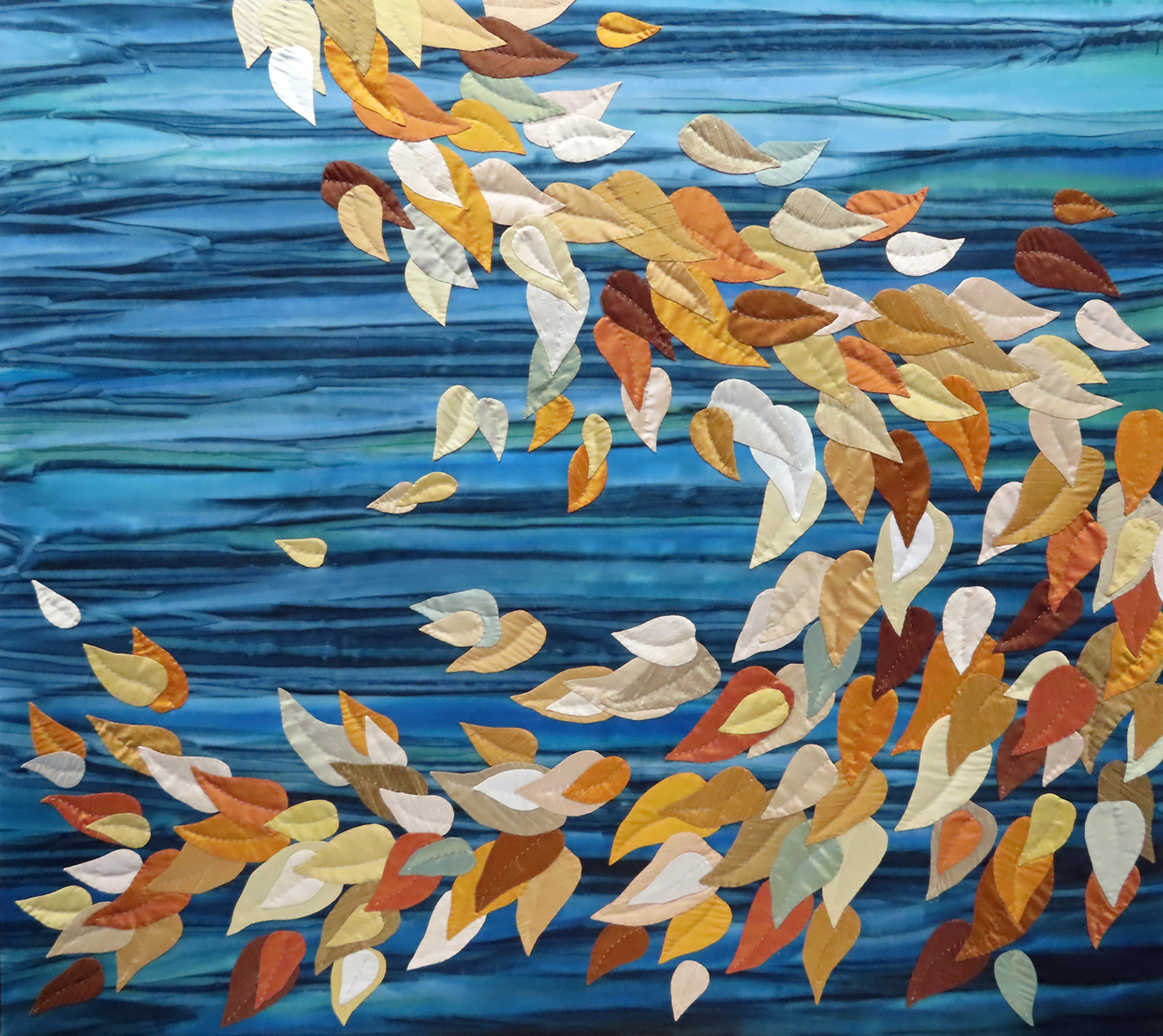 Dancing on Water, 2024,  41" x 37",  hand worked silks & batiks