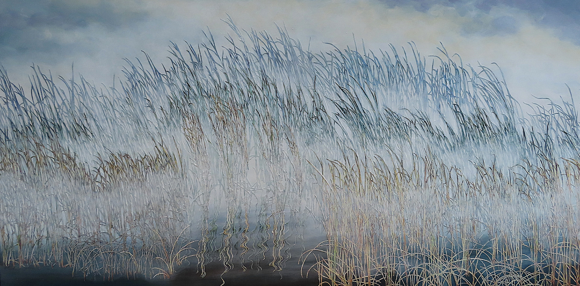 In the Mists of Memory # 2,   2026,  20" x 40",  Hand cut paper photographs, my own , layered and acrylic painting over and between the layers