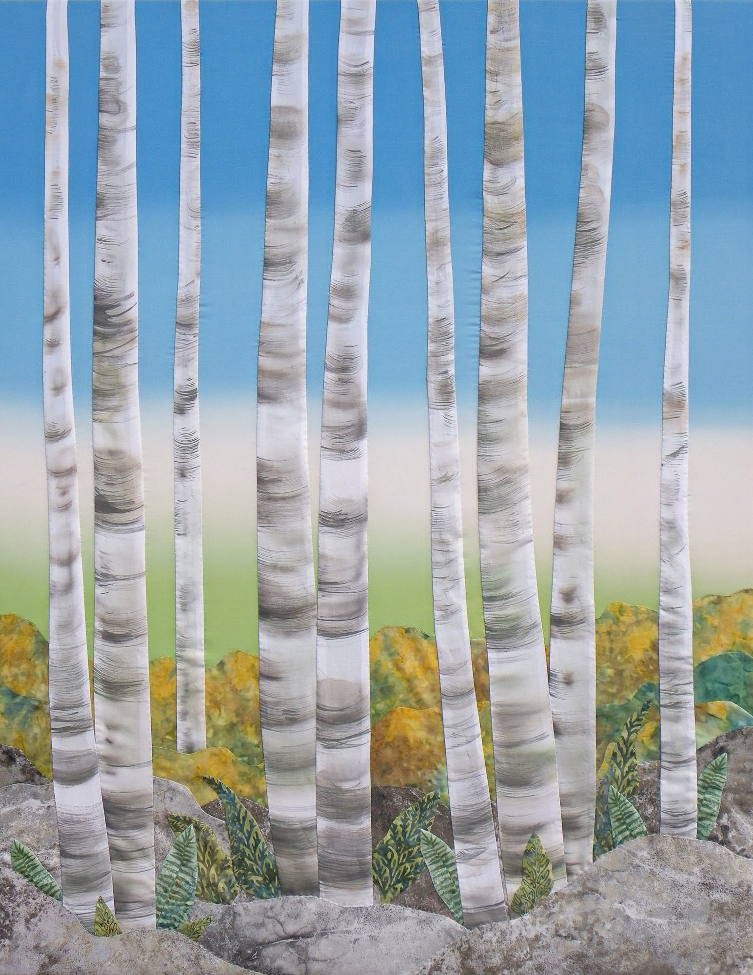 White Grove, 35" x 44",  handworked painted silks & batiks