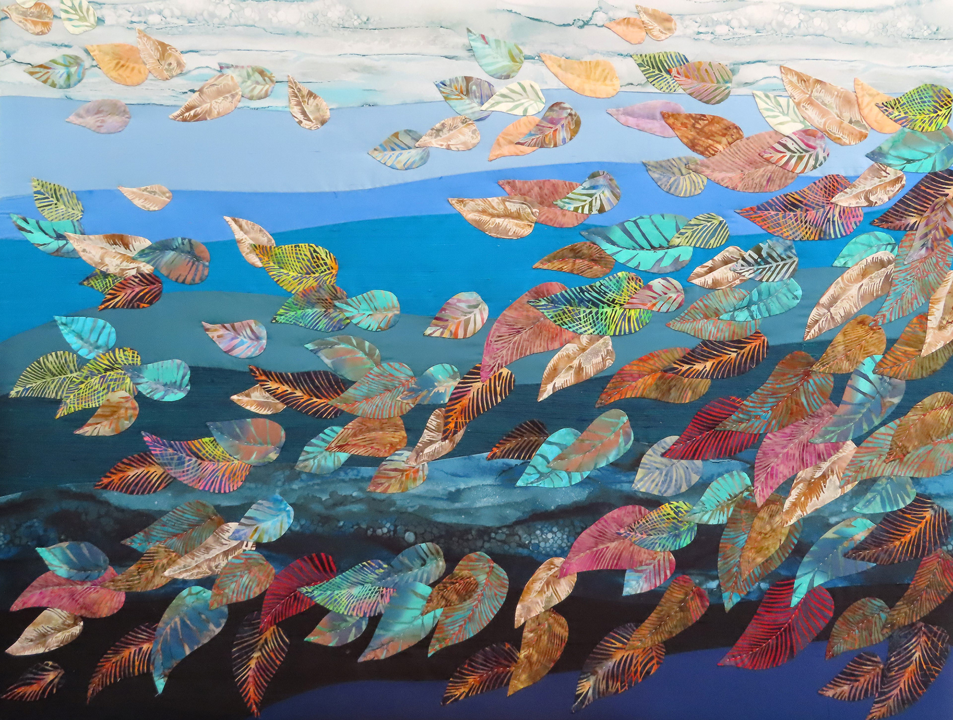 Dance on the Water, 2024, 40"x 32", handworked silks and batiks