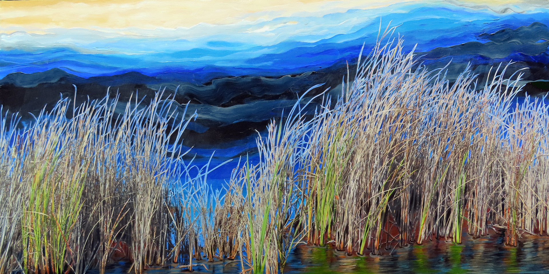 Marsh Light #5, 2025,  15" x 30", hand cut paper photos and acrylic paint