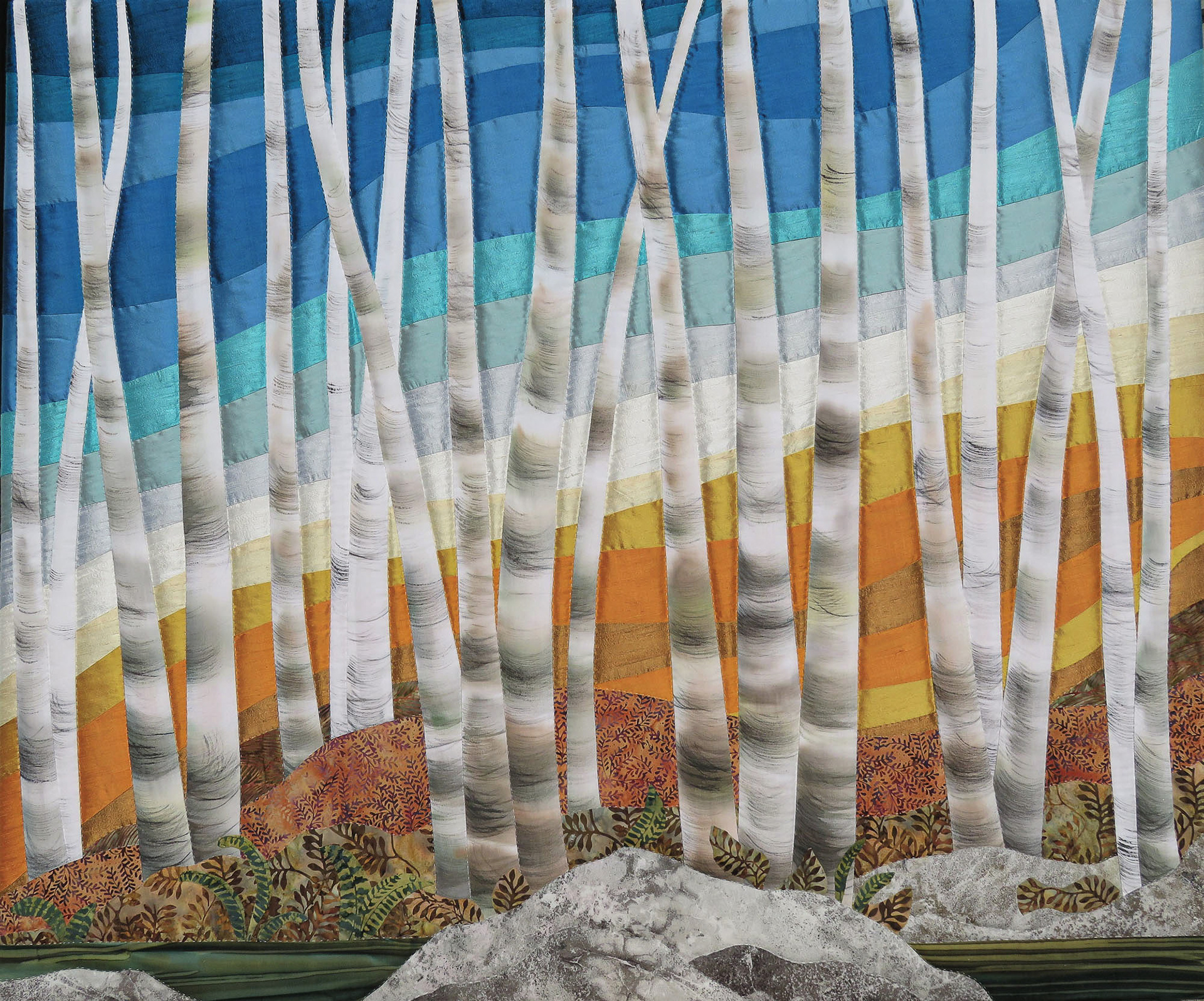 Autumn Birch, 45"x37", handworked silks, batiks 