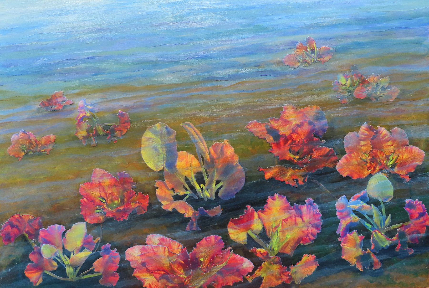 Water Plants In Lake Katchewanooka, 24"x 36",  hand cut, layered paper photos and paint