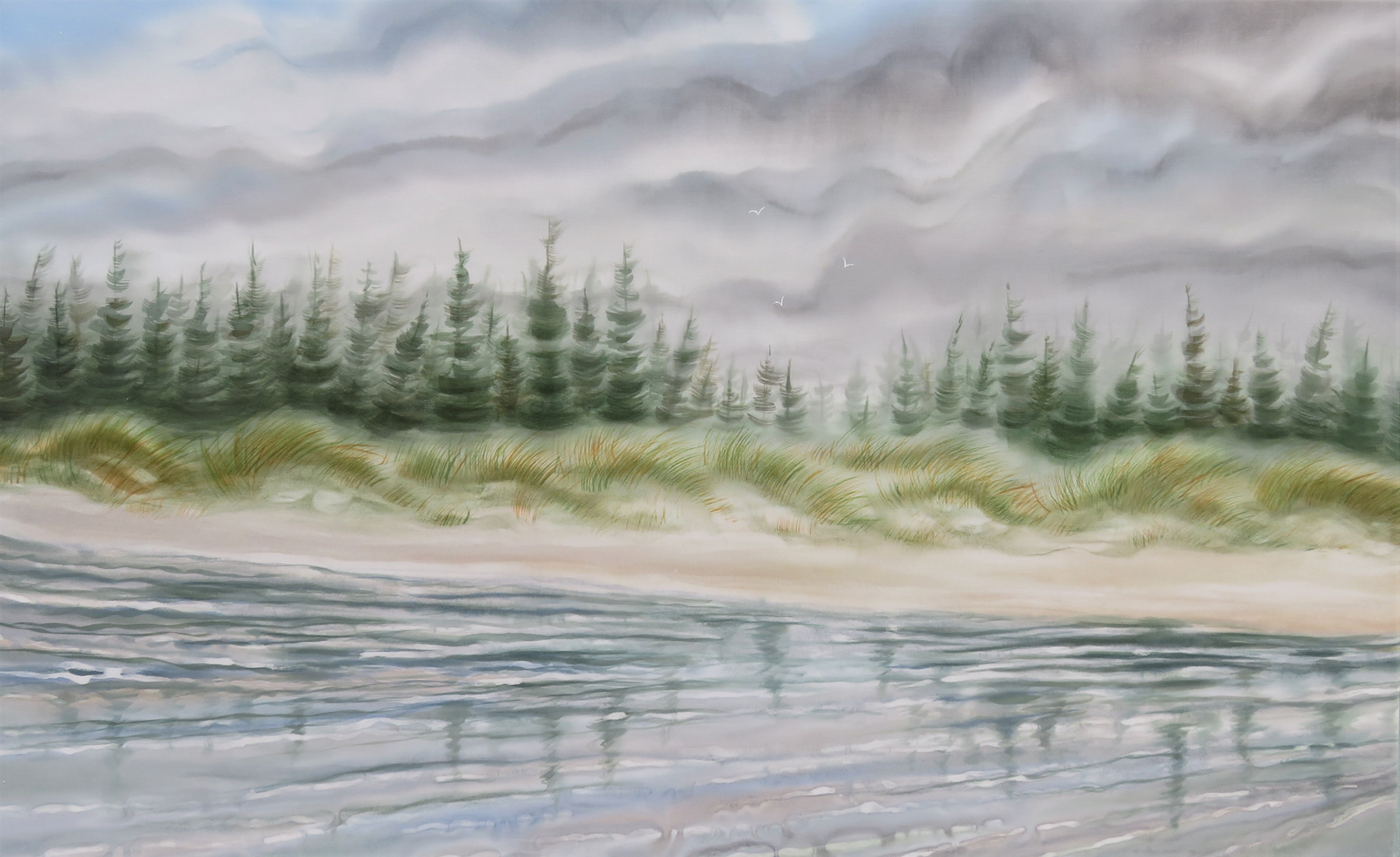 Kegimykugic Beach, 38"x 24", Painted cotton using liquid dyes and resist
