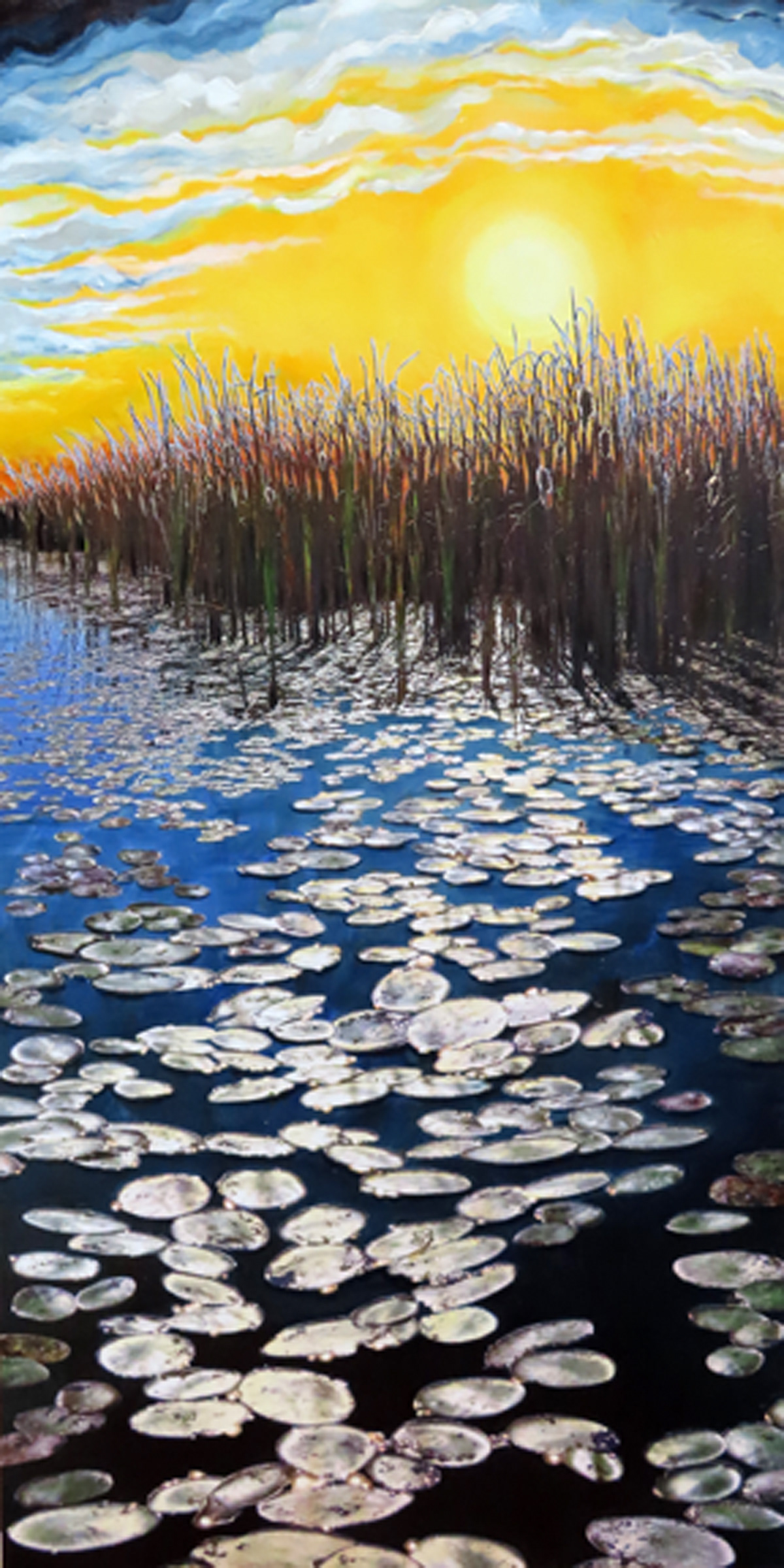 October Sunset In The Marsh, 2025, 30"x15", hand cut paper photos and acrylic paint