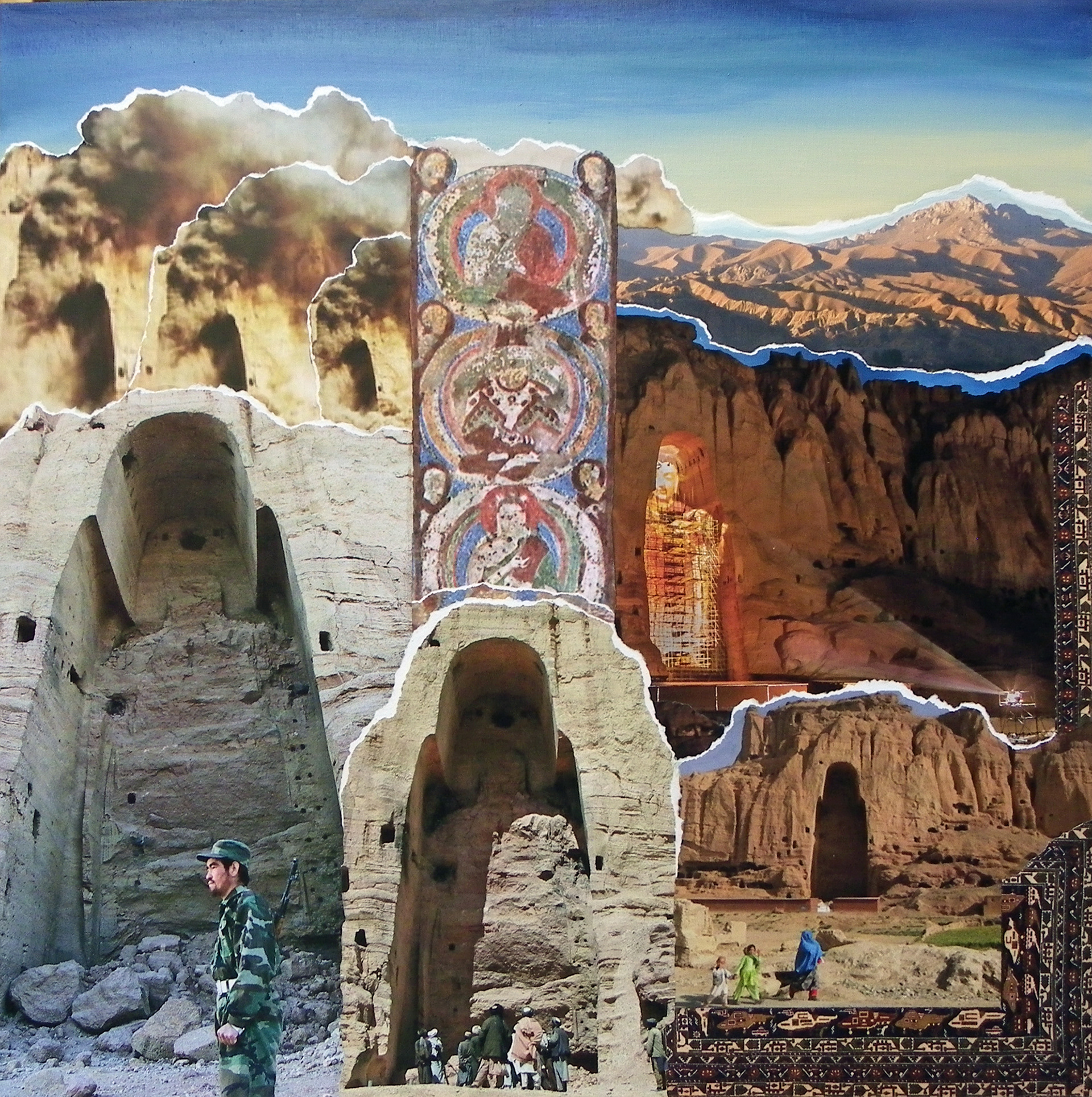 Destruction of the Bamiyan Buddhas, 2023,  24"x24", mixed media