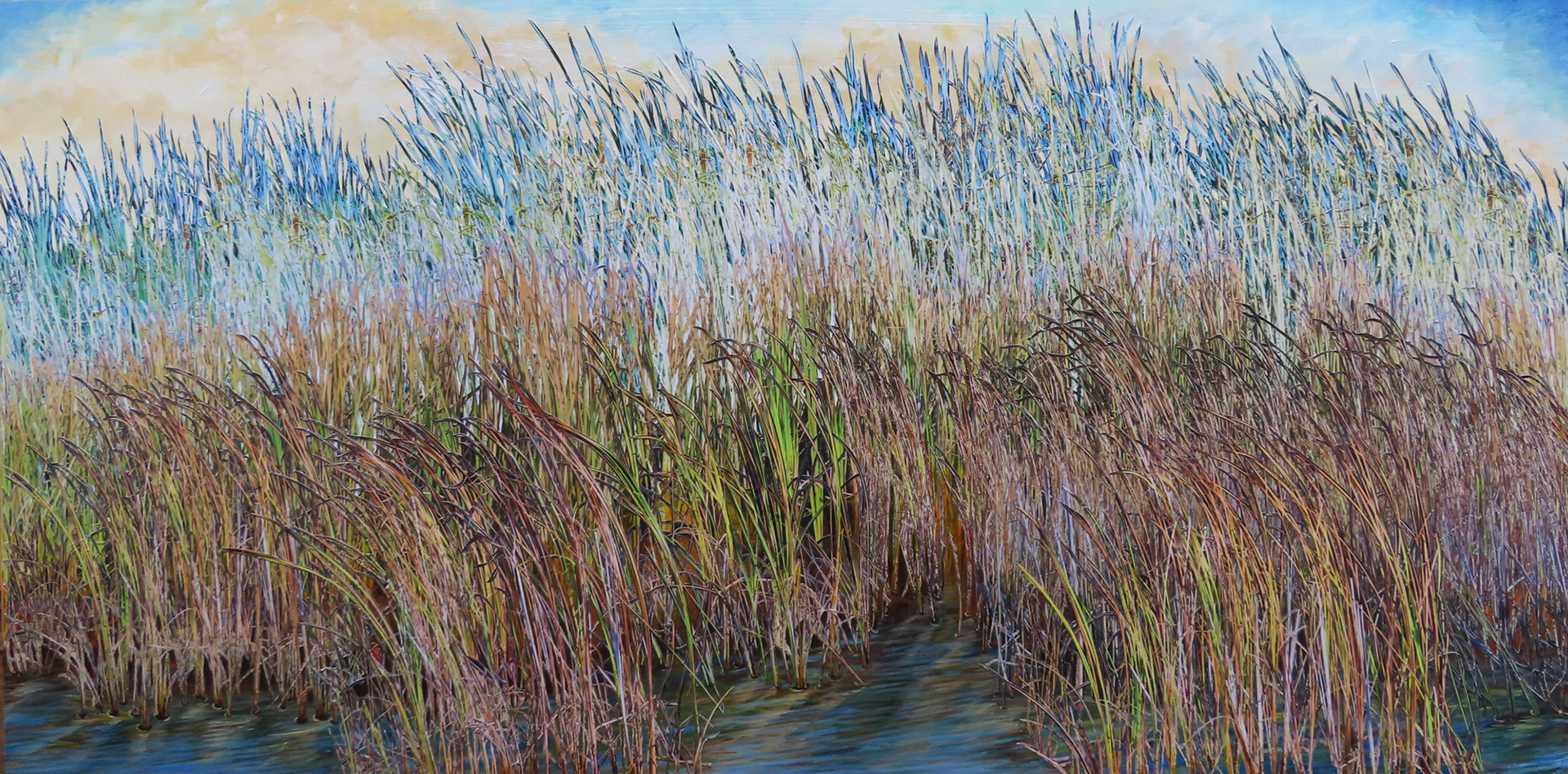 Marsh Light #3, 2024,  20" x 40", hand cut paper photos and acrylic paint