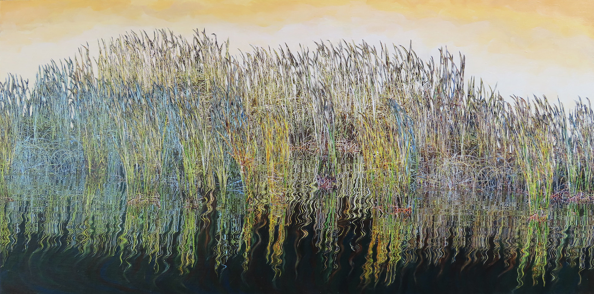 Mystical Marsh #1, 2024,   15”  x 30”,  hand cut paper photos and acrylic paint