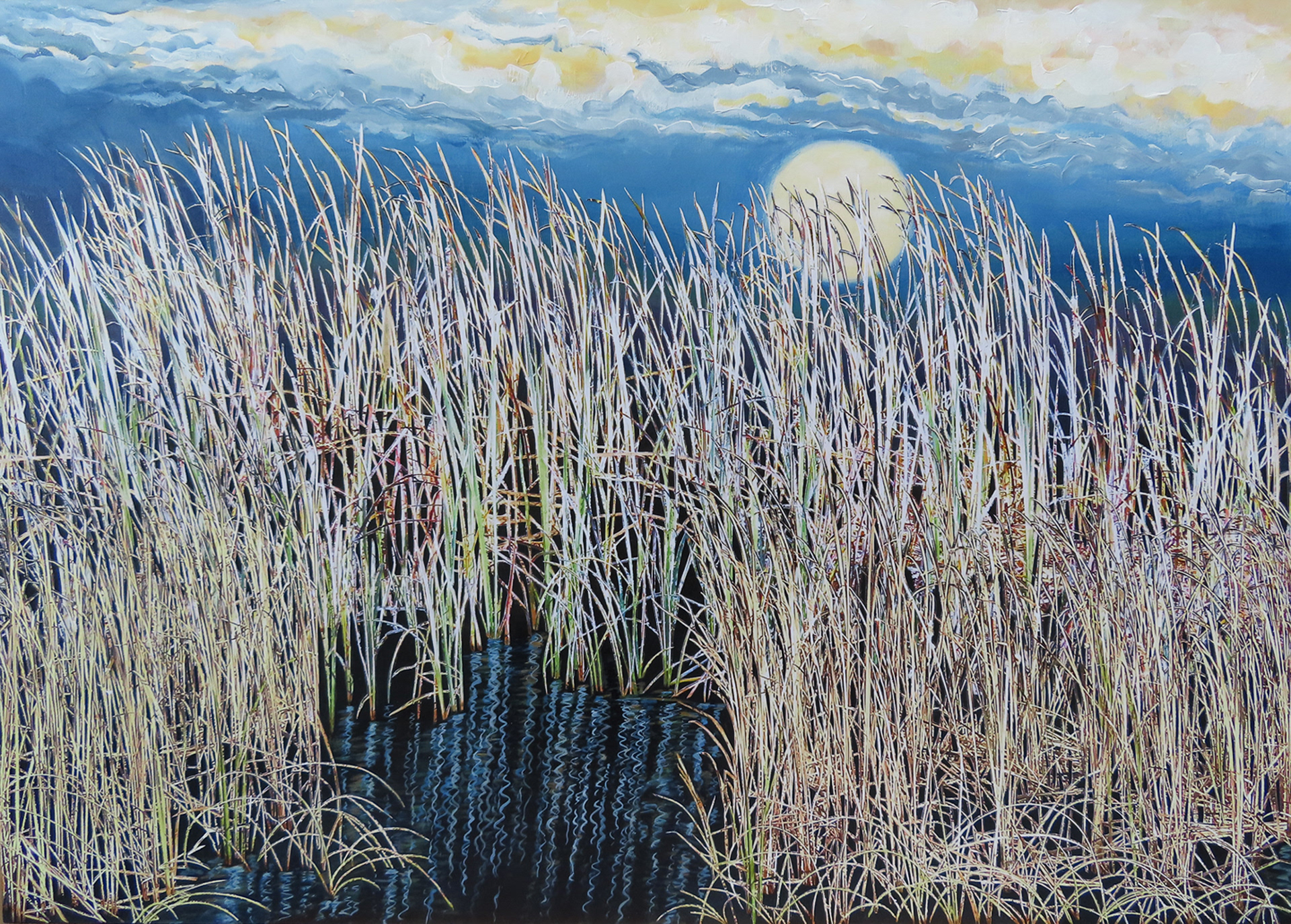 Morning Moonset, 2025, 20" x 28", hand cut paper photos and acrylic paint