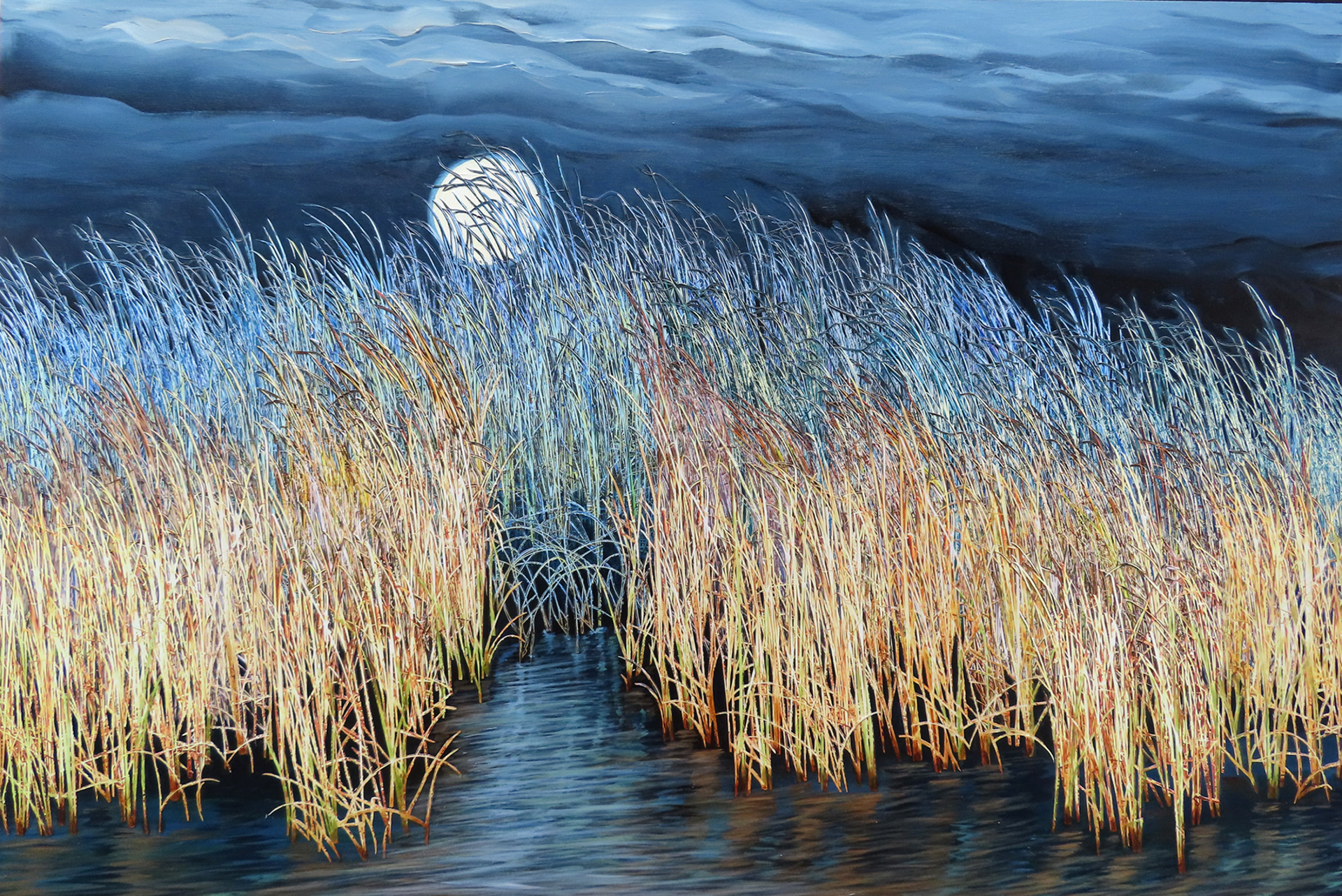 Moonlit Marsh at Sunrise, 2025, 24"x36", hand cut paper photos and acrylic paint