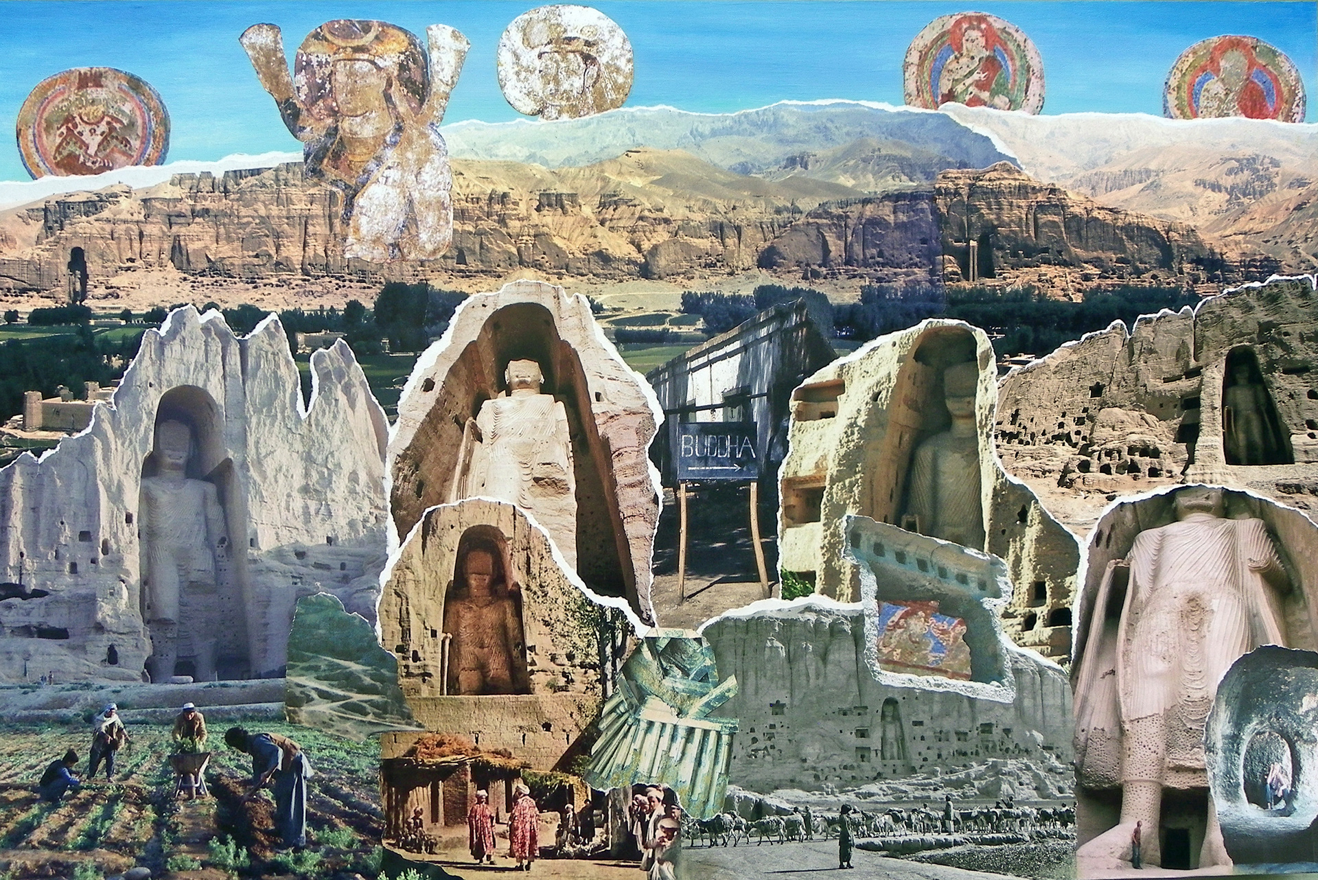 The Great Buddhas of the Bamiyan Valley, Afghanistan 1970s,  2023, 24"x36", paper collage & paint on panel