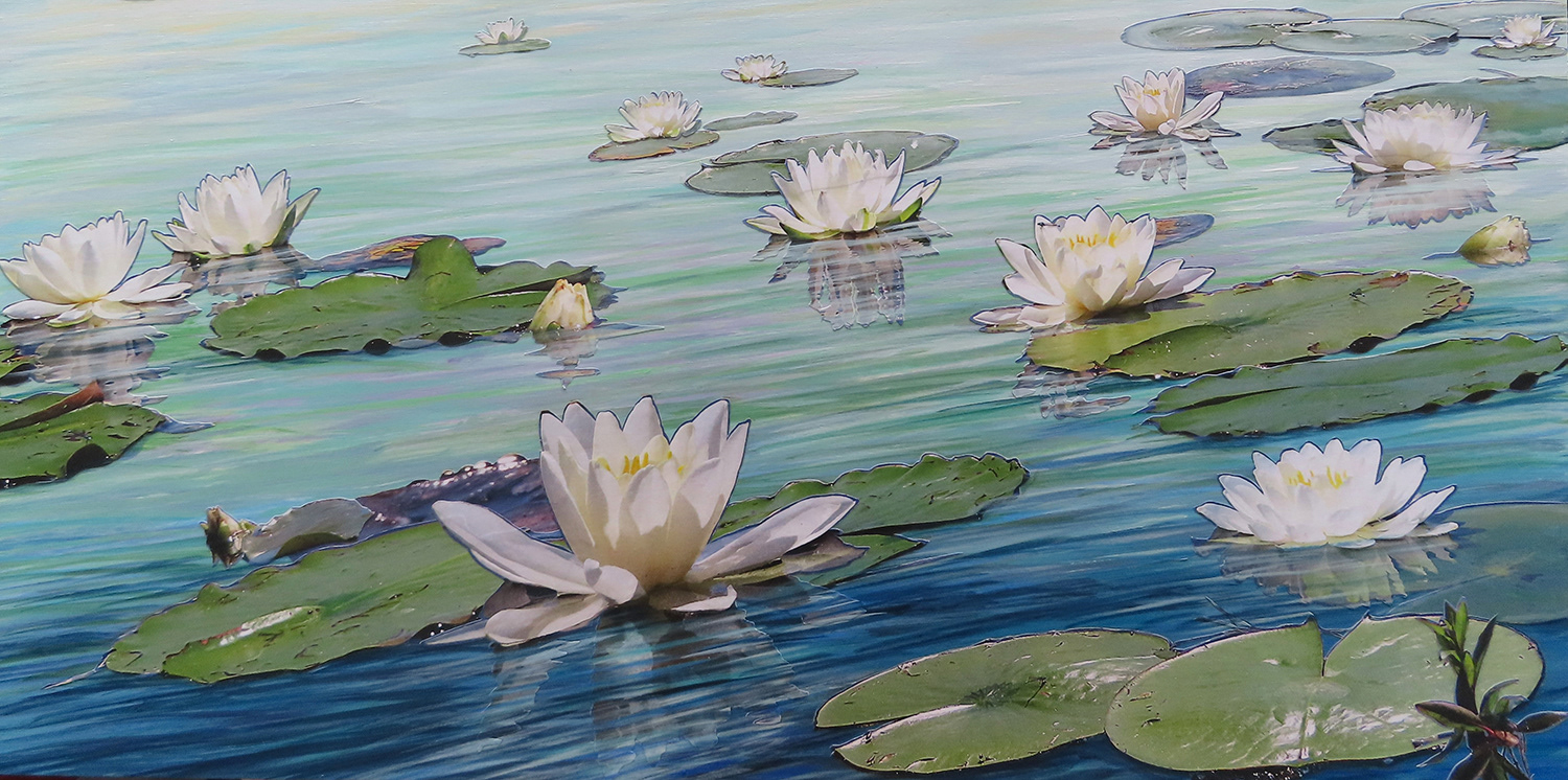 Soft Light Lilies,  2026,  12"  X 24",  cut paper photographs, my own, and acrylic painting