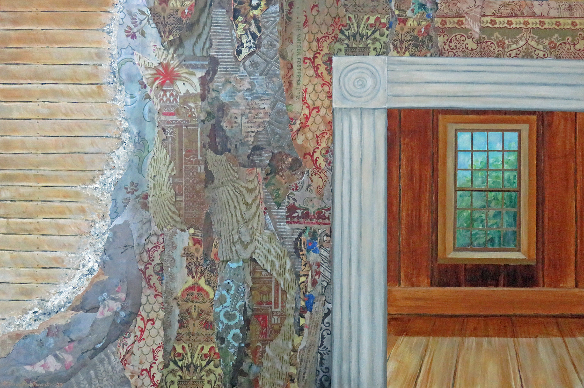 Fragments in Time #3, 2023, 36" x 24", mixed media on birch board, on display at The Art Gallery of Peterborough until March 2024