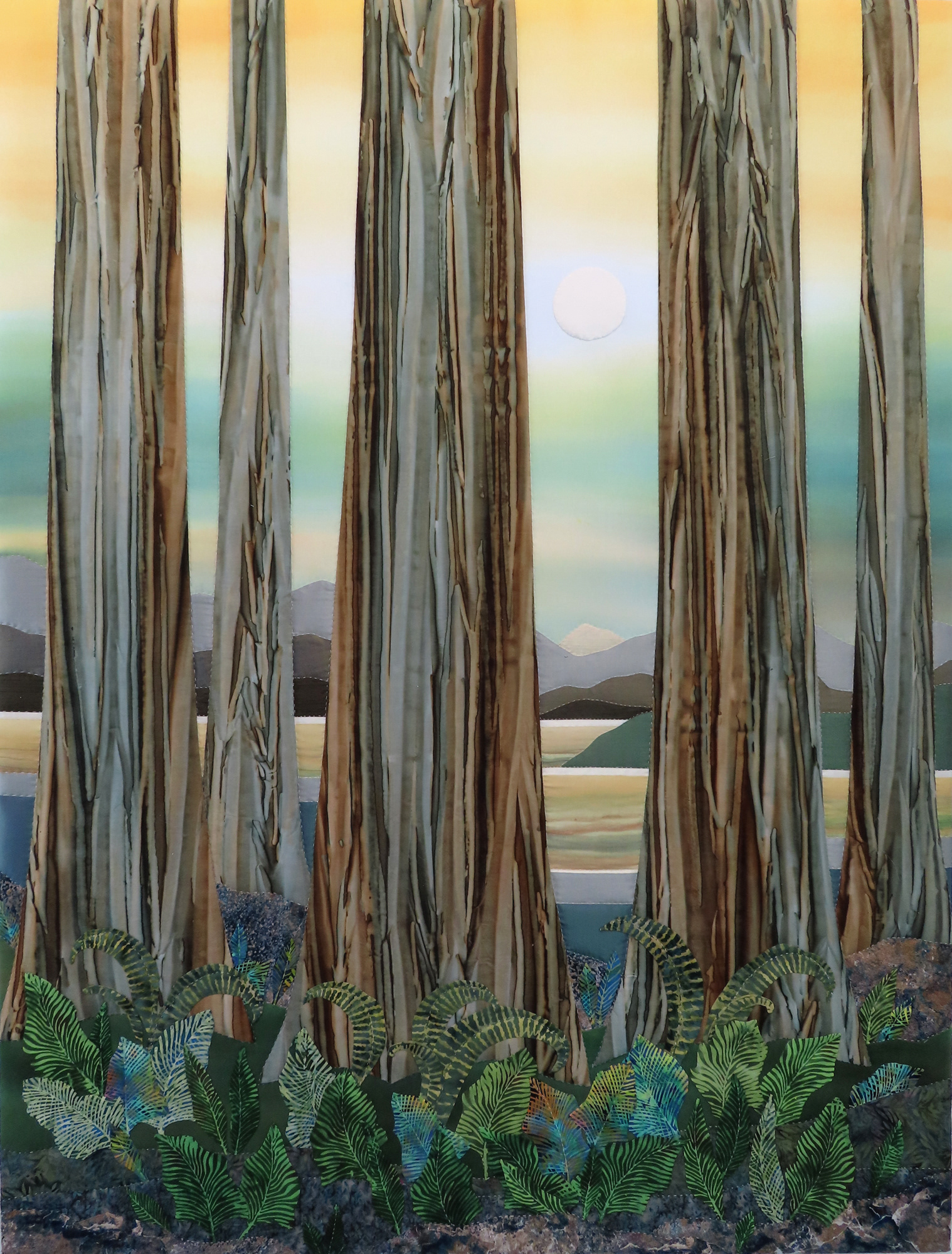 Ancestral Sisters Spring, 2025, 40" x 52", SOLD,  Handworked silks, painted cotton, batiks