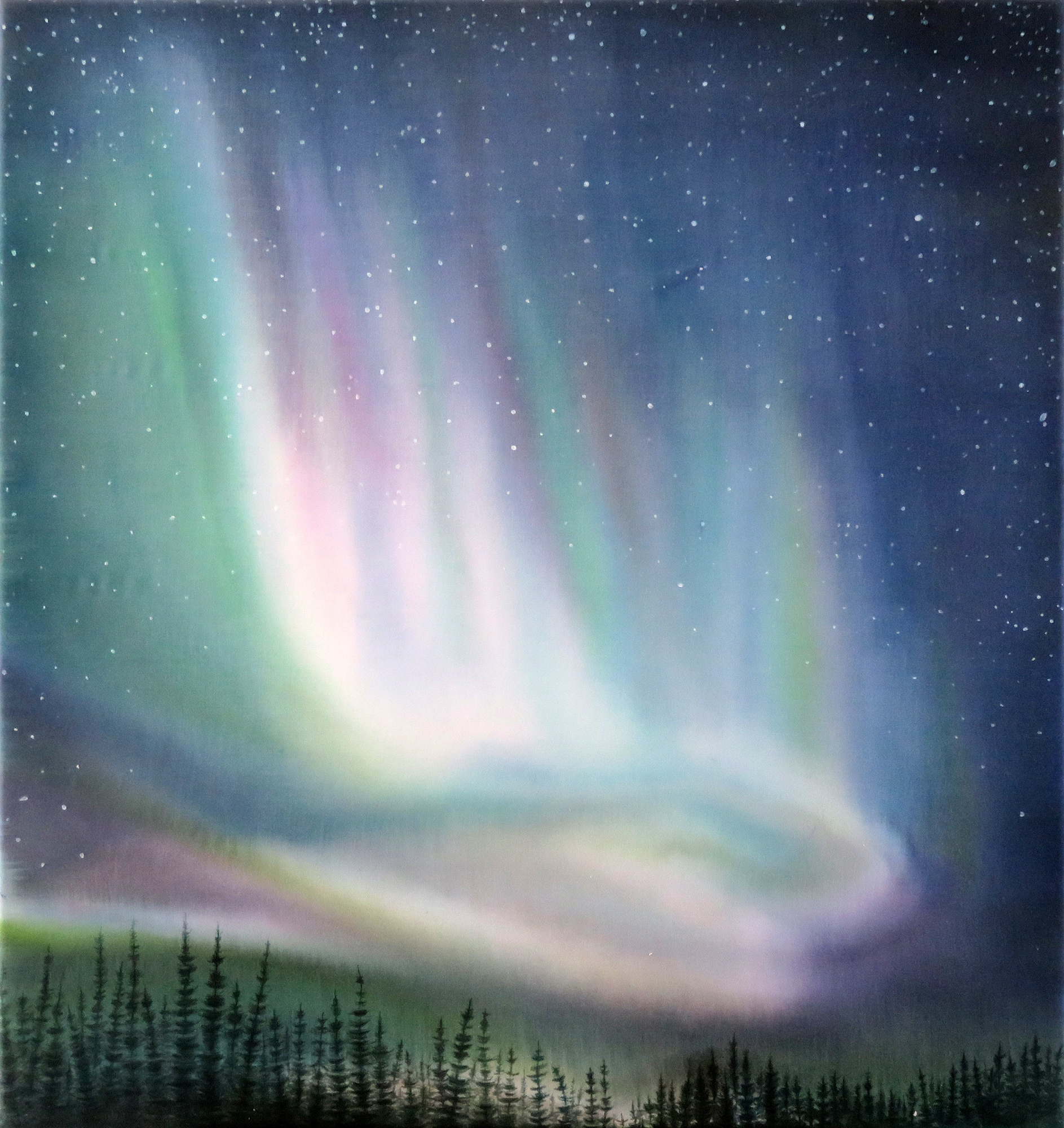 Aurora, 2023, 24" x 26",  painted with liquid dyes on wet cotton