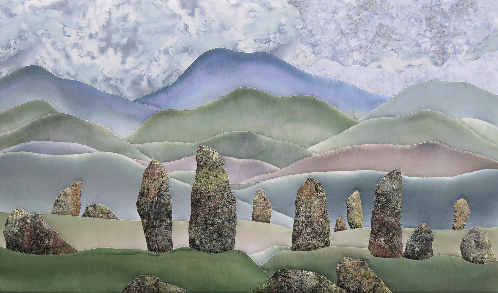 Castlerigg Stone Circle, 48" x 28", handworked painted cottons & batiks