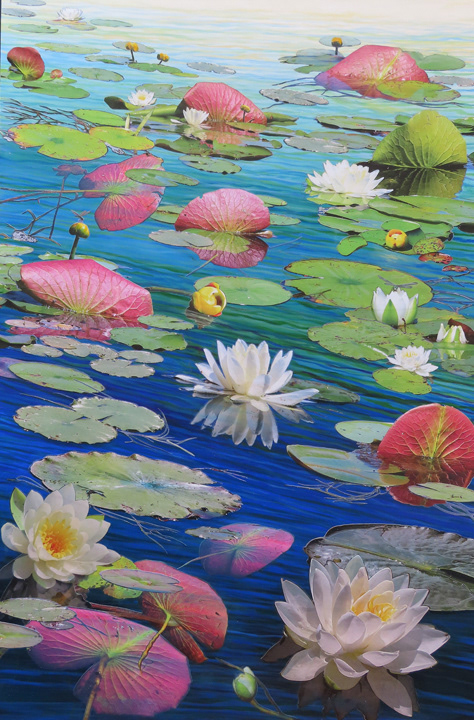 Pads Up My Lily Friends An Ill Will Bloweth From The South, 2026,  24"  X 36",  cut paper photographs, my own, and acrylic painting