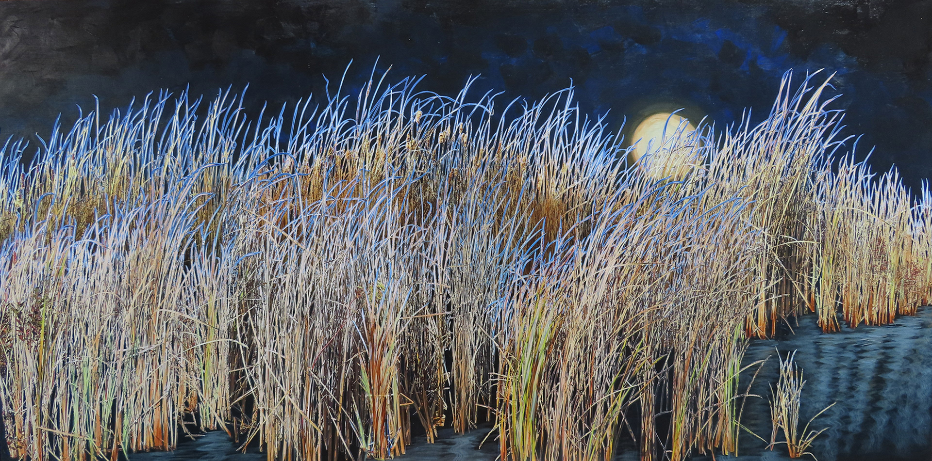 Blue Aura in the Marsh, 2026,  18" x 36",  hand cut, layered paper photos and paint