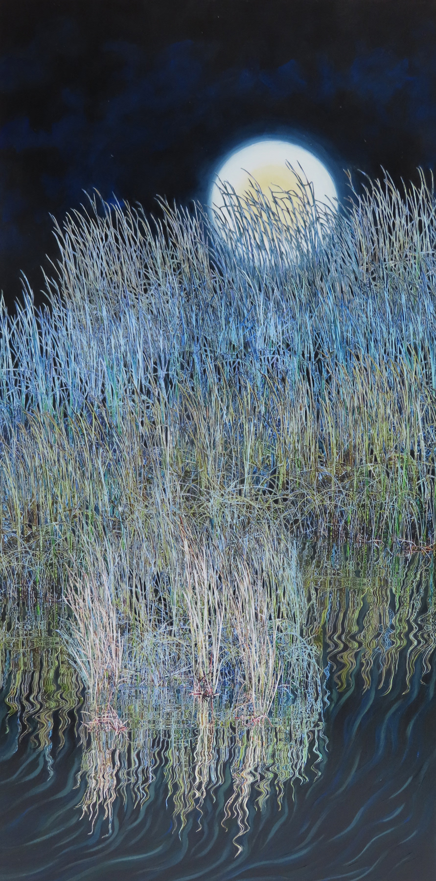 Moonlit Marsh, 2025, 20"x40", handcut paper and acrylic paint