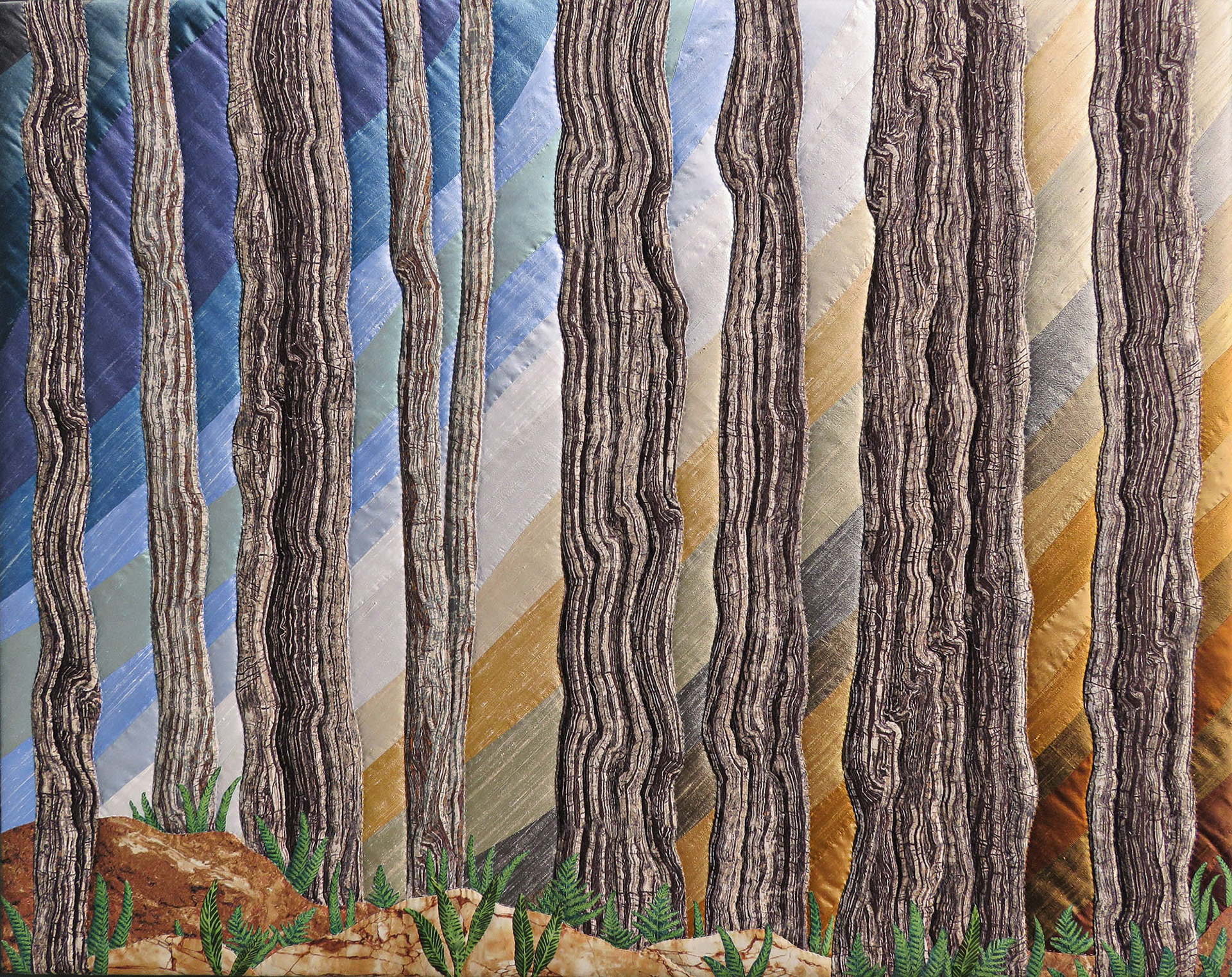 Light In the Forest of the Elders, 51"w x 40"h, handworked silks, cottons & batiks