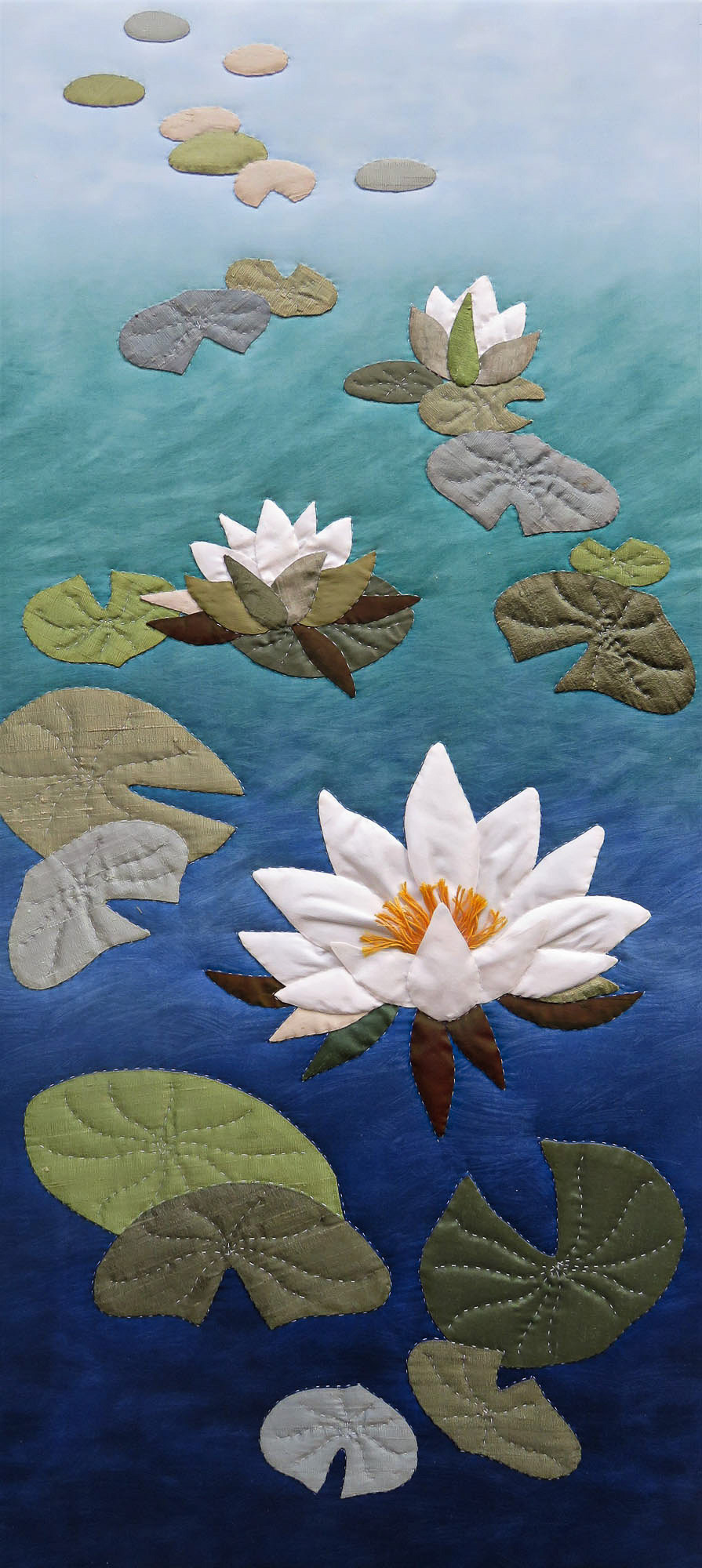 Wetland Lilies,  18" x 39", SOLD, handworked silks on cotton