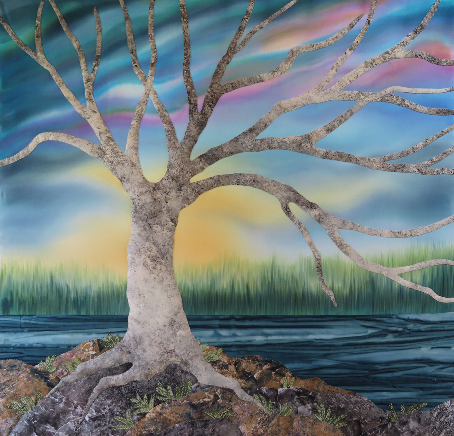 First Light, 2024, 41"x39", painted and hand worked textiles