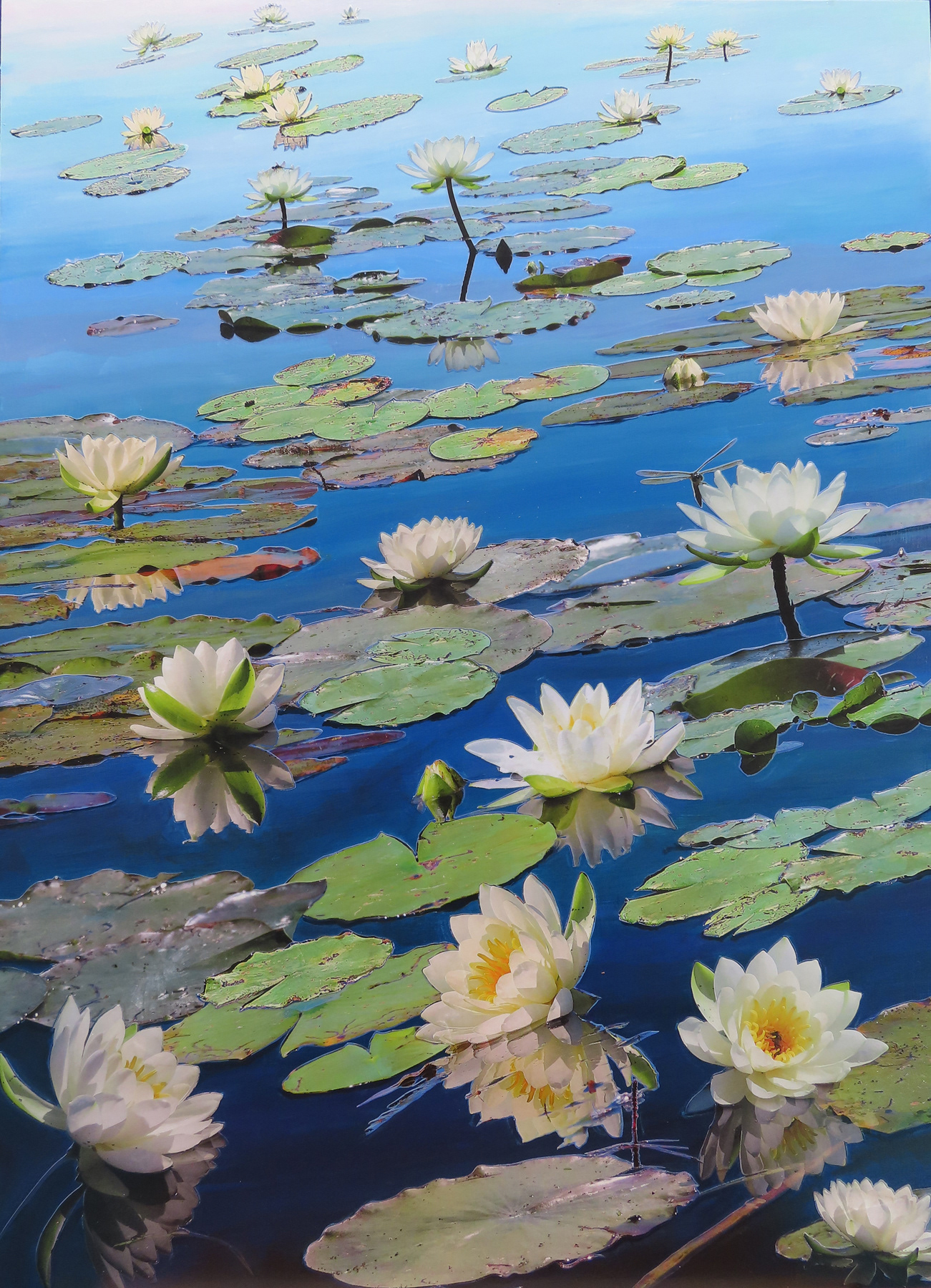Lilies oDragonfly Heaven, 2026, 30"x 22",  hand cut, layered paper photos and acrylic paint