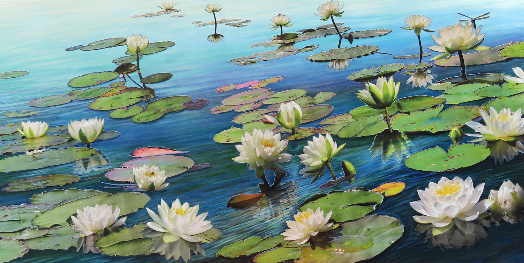 Lilies of the Lake, 2026, 20"x 40",  hand cut, layered paper photos and acrylic paint