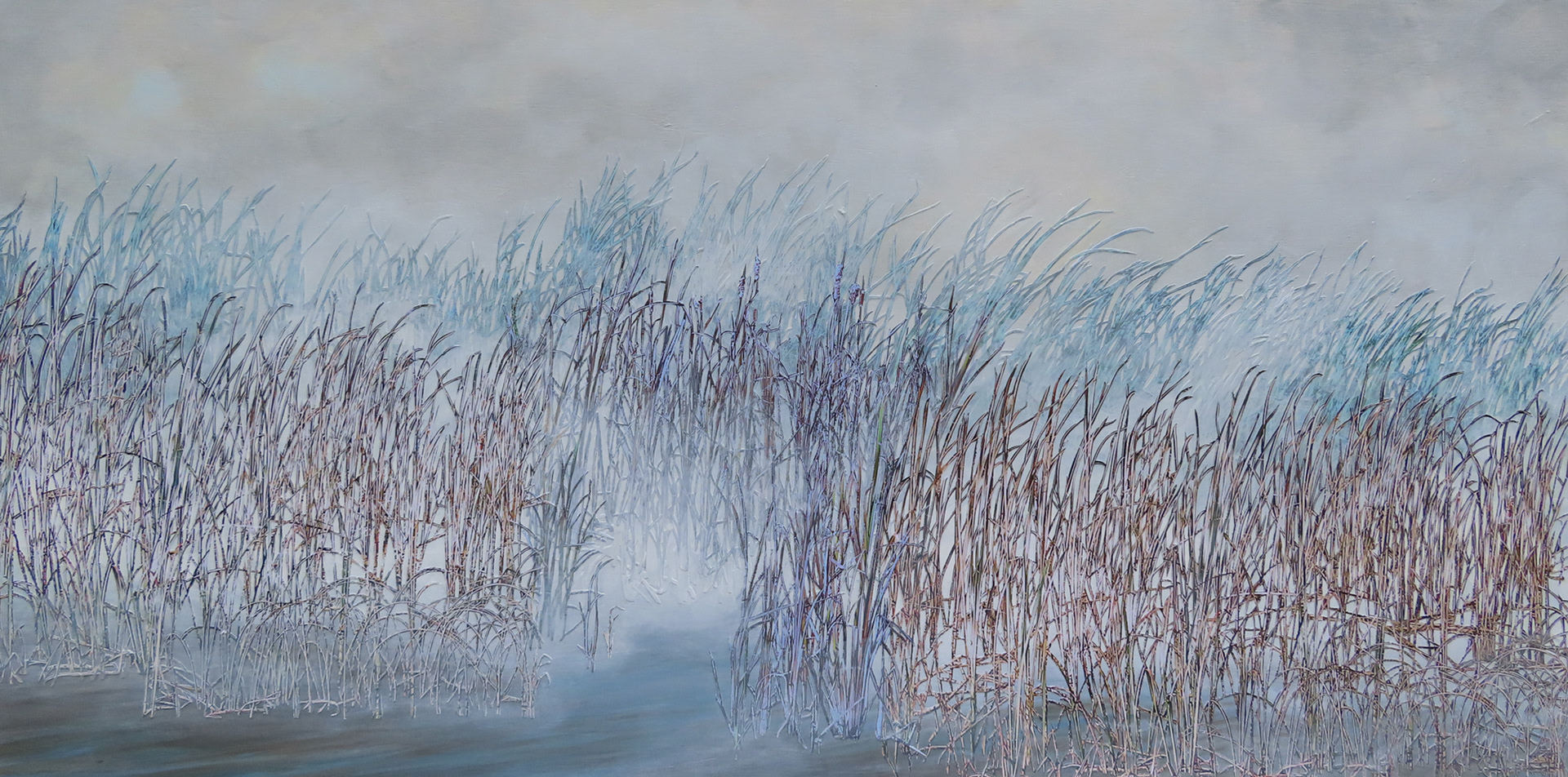 In the Mist of Memory, 2026, 18"x 36", hand cut, layered paper photos and acrylic paint