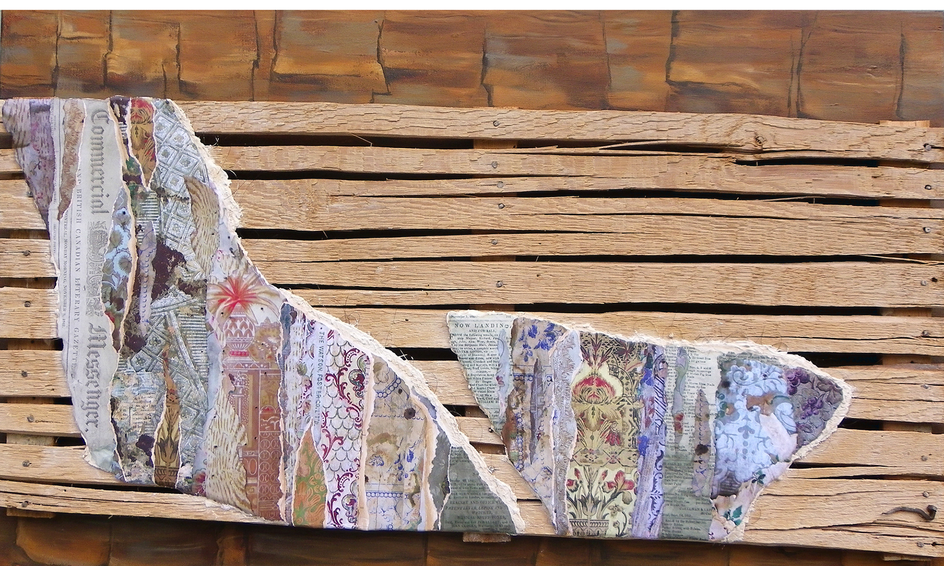 Fragments in Time, 2023, 24" x 40" x 2.5", mixed media, on display at The Art Gallery of Peterborough until March 2024