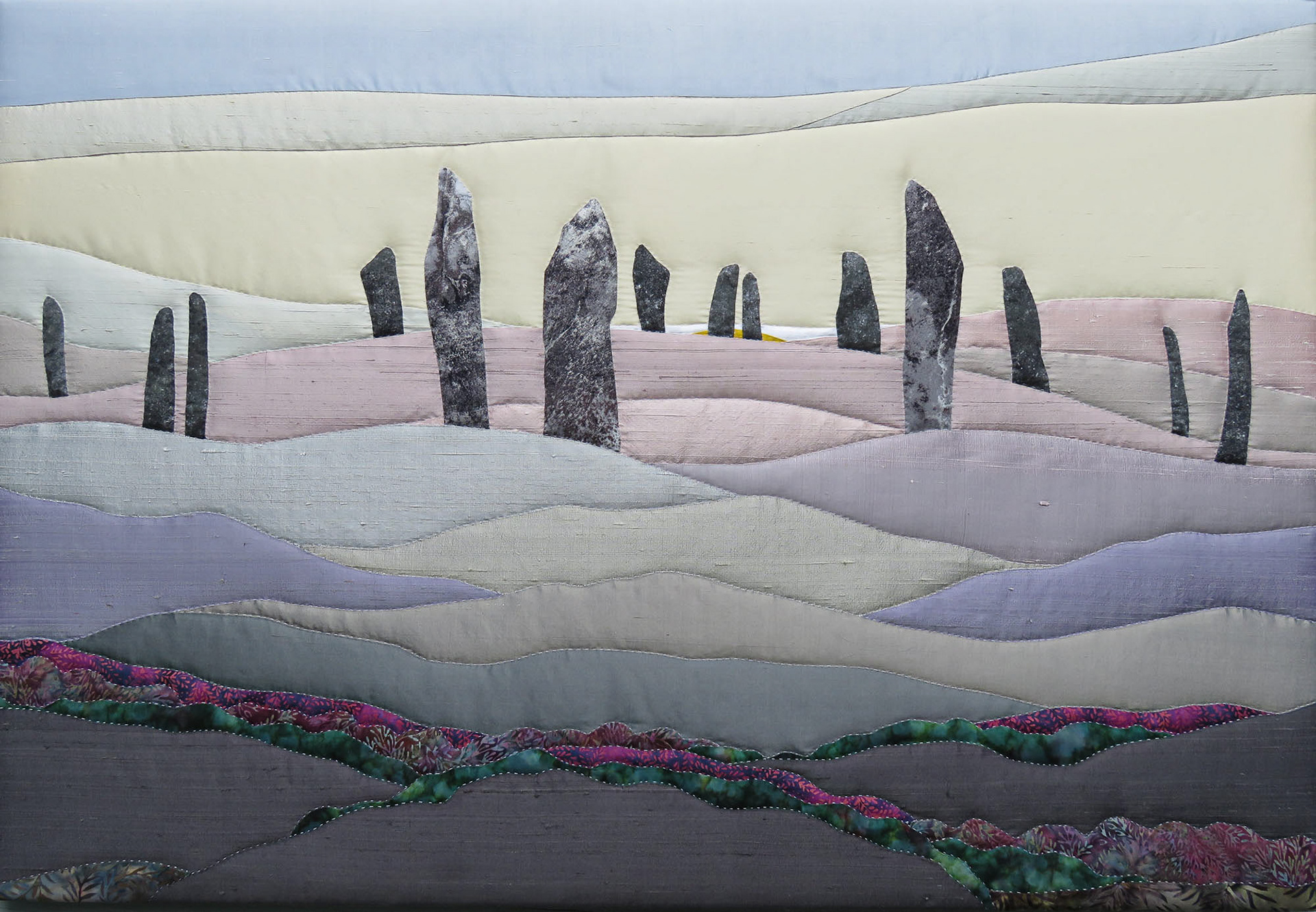 Ring of Brodghar Standing Stones Orkney, 44" x 30", handworked silks & batiks
