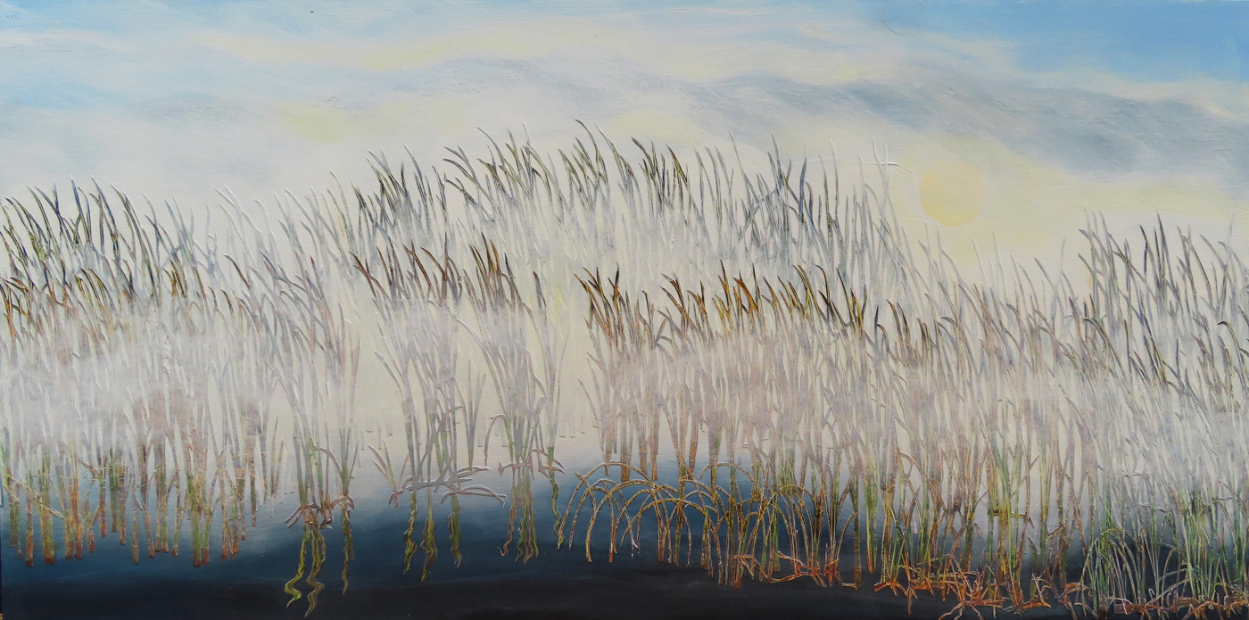 In The Mists of Memory #4,  2026,  12"  X 24", SOLD,  Hand cut paper photographs, my own , layered and acrylic painting over and between the layers